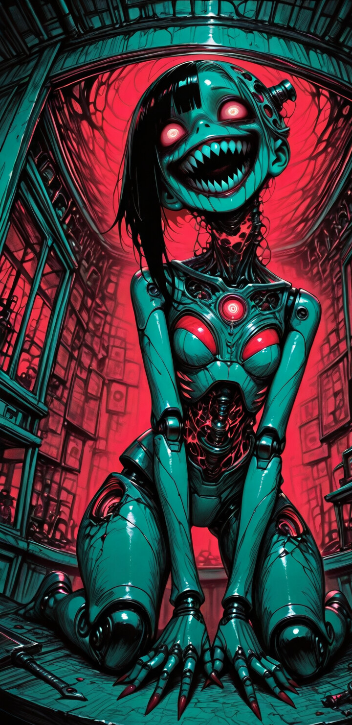 Una robot femmina dalla carnagione pallida, con un ampio sorriso che mostra i denti e uno sguardo folle, è inginocchiata sul pavimento di una stanza futuristica e cupa. Dietro di lei, attraverso le finestre illuminate di rosso, si intravedono figure oscure con occhi luminosi.