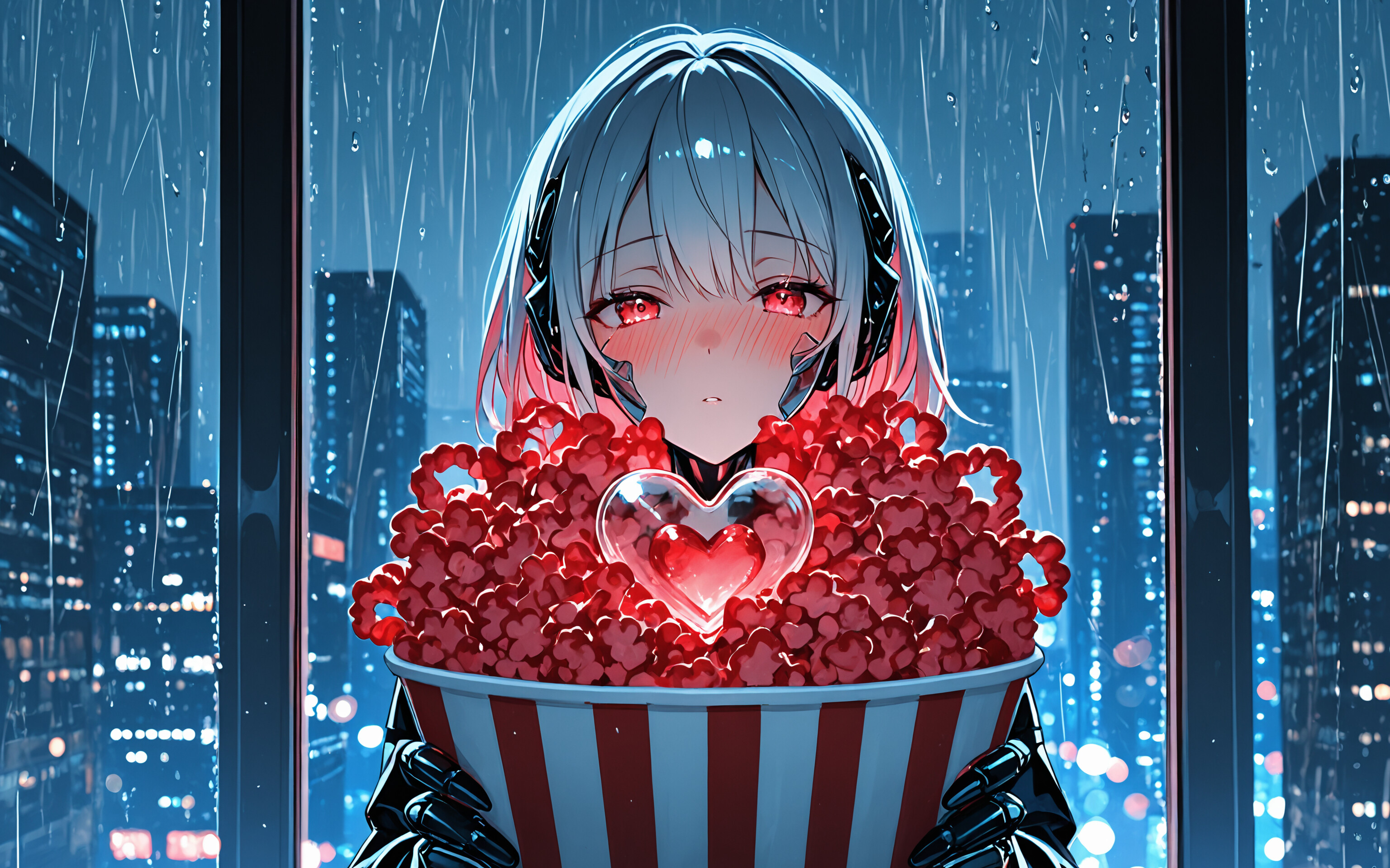 Una ragazza cyborg in stile anime, con capelli corti di colore azzurro chiaro e occhi azzurri, arrossisce mentre tiene in mano un grande secchio a righe rosse e bianche pieno di popcorn. Un cuore rosa e trasparente è appoggiato sopra il popcorn. È in piedi davanti a una finestra che mostra una città piovosa di notte.