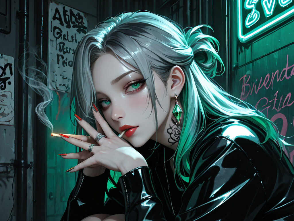 Un’illustrazione in stile anime che raffigura una giovane donna con i capelli grigi, alcune ciocche verdi e occhi di un verde brillante, inginocchiata in un vicolo buio illuminato da luci al neon, mentre fuma una sigaretta e guarda direttamente l’obiettivo. Ha un grande tatuaggio a forma di rosa sul braccio.