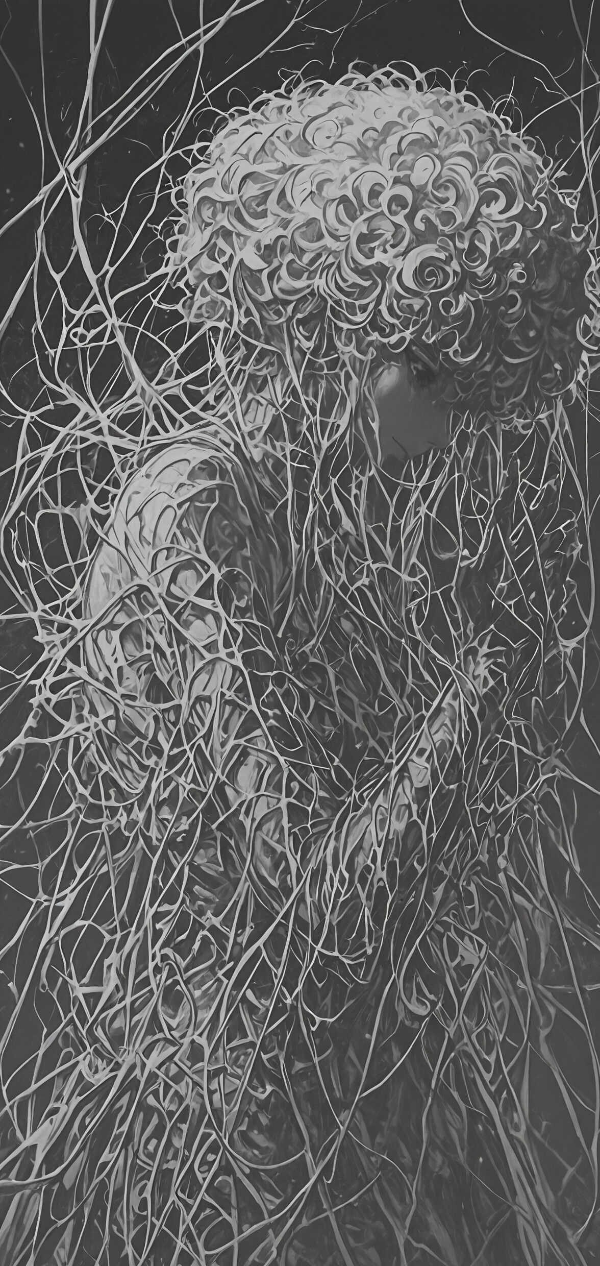 Un’illustrazione in bianco e nero, ricca di dettagli, che raffigura una donna di profilo. Ha grandi occhi espressivi e corti capelli bianchi, raccolti in riccioli stretti. Un elaborato motivo bianco, simile a una ragnatela, ricopre il collo e le spalle, in contrasto con uno sfondo scuro e astratto.