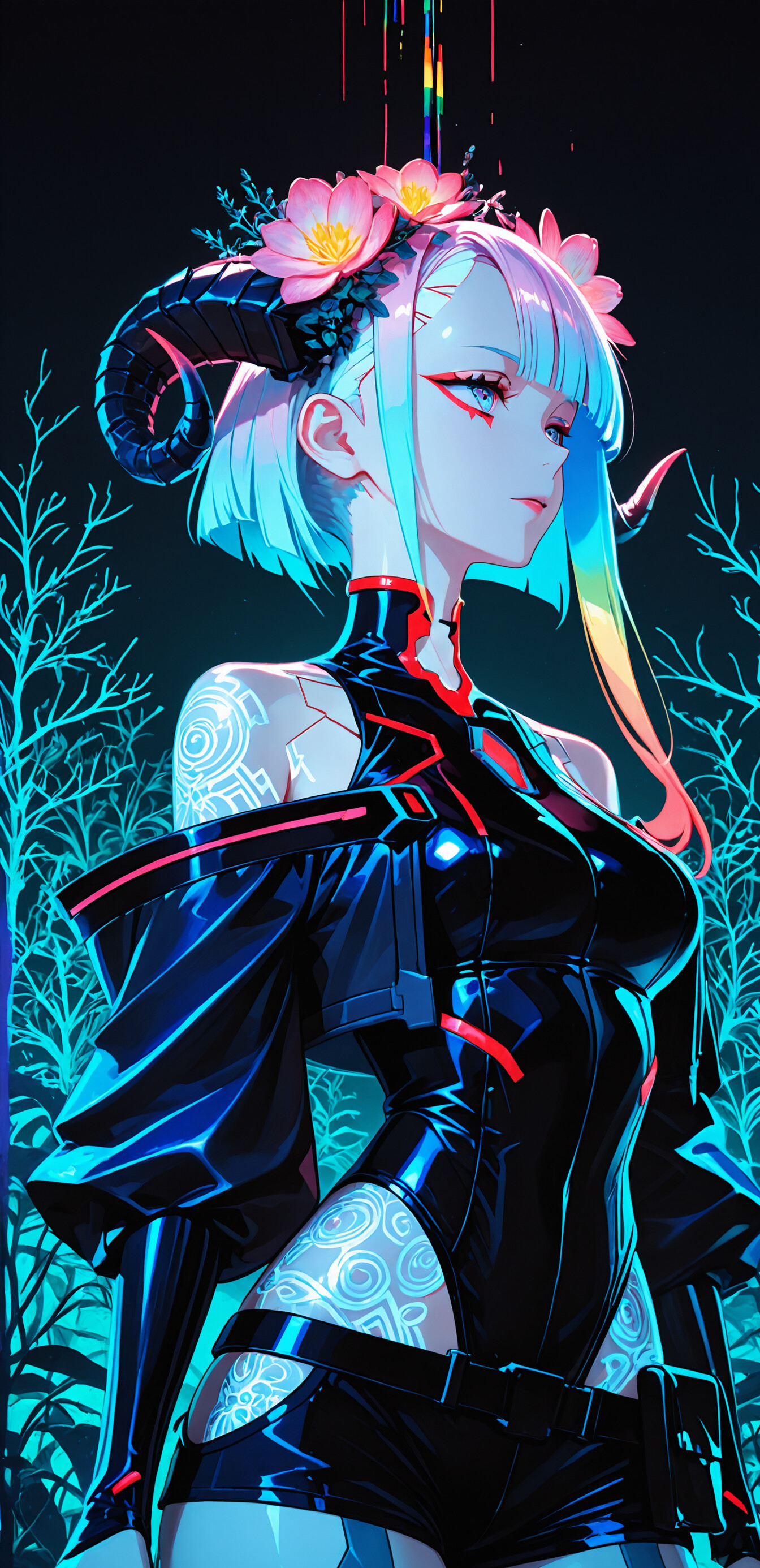 Un’illustrazione in stile anime che raffigura una donna simile a Lucy, tratta da Cyberpunk: Edgerunners, con capelli color arcobaleno in tonalità pastello, grandi corna nere a forma di montone e un fiore rosso. Indossa un abito cyberpunk nero e lucido, su uno sfondo scuro, con una cornice circolare al neon rosa e blu.