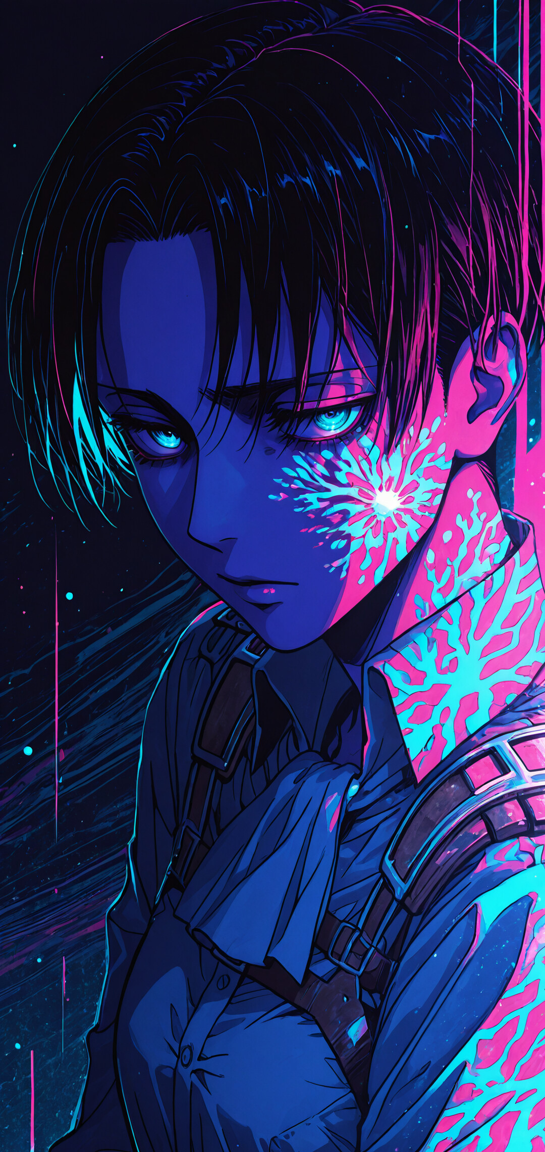 Un’illustrazione in stile anime di Levi Ackerman, personaggio della serie Attack on Titan, con una mano appoggiata sul petto. L’opera presenta una vivace tavolozza di colori al neon, con tonalità di blu, rosa e viola, e uno sfondo astratto e dinamico.