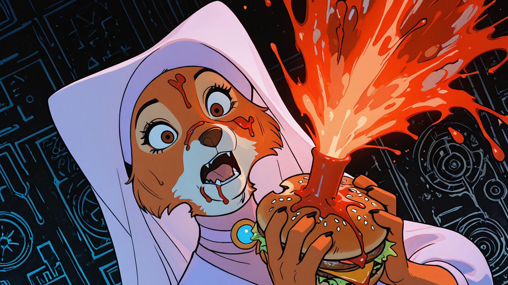 Un’illustrazione di Lady Marian, la volpe del film Robin Hood della Disney, raffigurata con un’espressione di sorpresa mentre addenta un enorme cheeseburger, sporcandosi. Ketchup è spalmato sul suo muso e cola dal panino, sullo sfondo di un’esplosione dai colori rosso e arancione.
