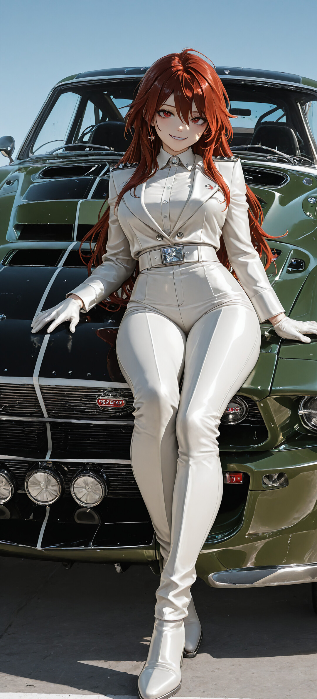 Vista frontale di una Ford Mustang d’epoca pesantemente modificata, di un intenso colore verde, con una griglia personalizzata e cinque fari tondi sul paraurti anteriore, parcheggiata all’aperto in una giornata di sole.