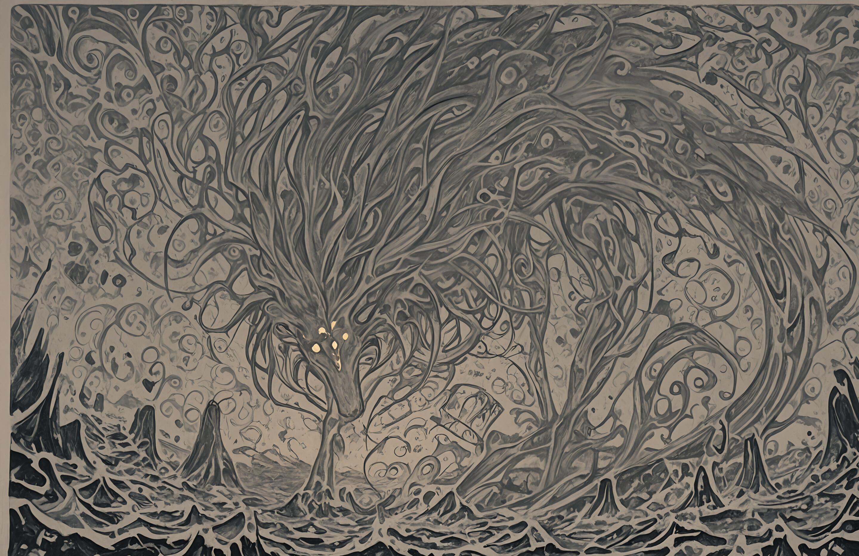 Un dipinto astratto con uno sfondo scuro, ricoperto da una fitta e complessa rete di linee e punti dorati che si intrecciano. Nella parte superiore centrale, una singola sfera luminosa e brillante funge da punto focale.