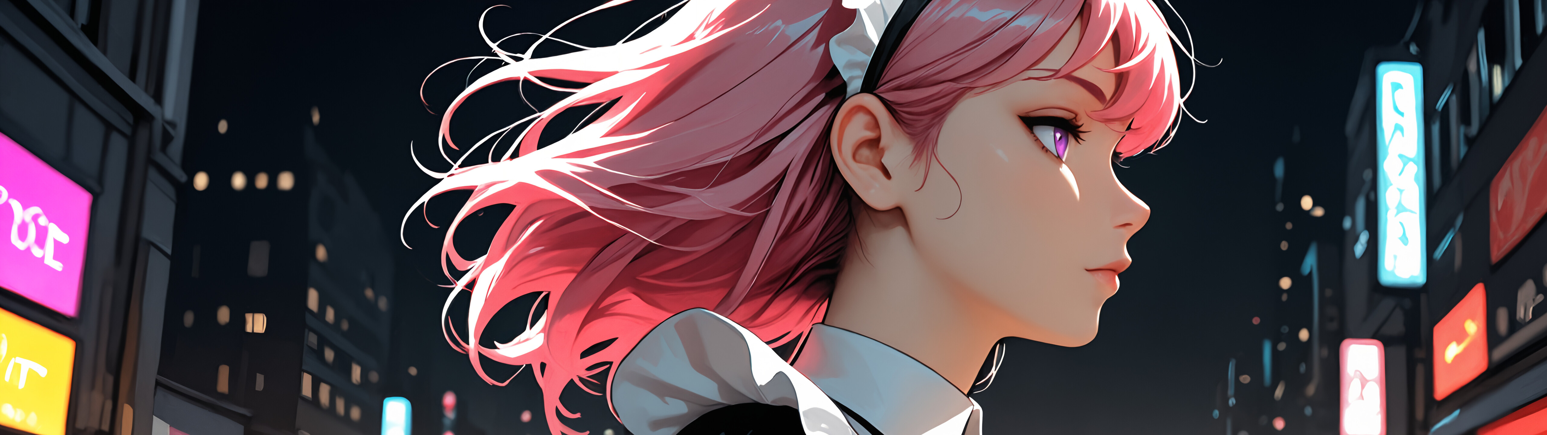 Un’illustrazione in stile anime che raffigura una giovane donna con lunghi capelli rosa e occhi viola, vestita con un costume da cameriera bianco e nero. È in piedi su una strada cittadina di notte, con luci al neon sfocate sullo sfondo.