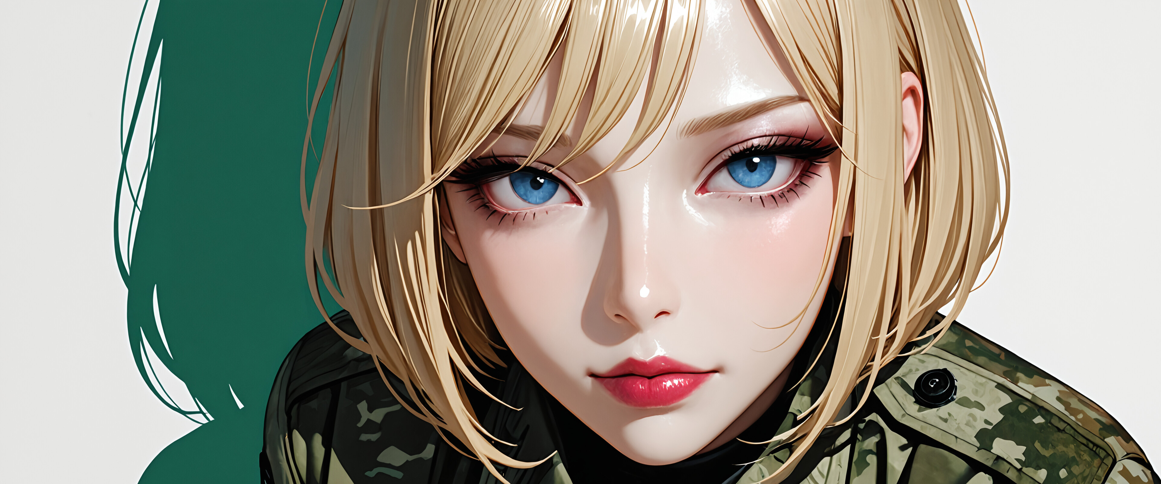 Un’illustrazione dettagliata di una bellissima soldatessa con un taglio di capelli corto e biondo e intensi occhi azzurri, che indossa un’uniforme mimetica verde e un’imbracatura tattica nera, in posa su uno sfondo bianco.