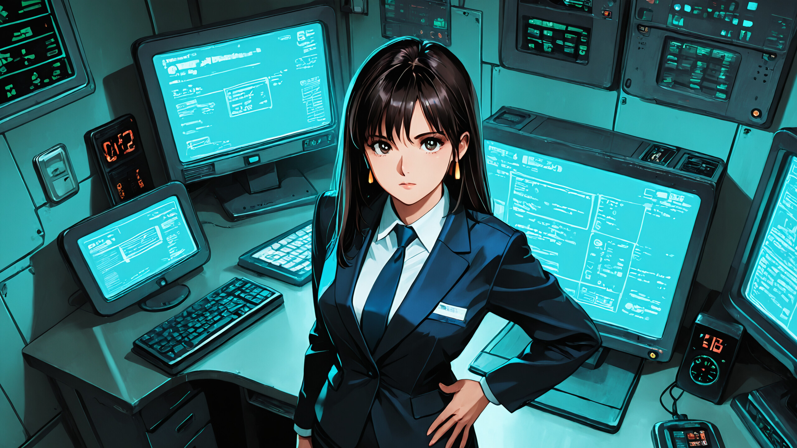 Un’illustrazione in stile anime che raffigura una giovane donna con i capelli neri corti, vestita con un tailleur, in piedi in una sala di controllo informatico. Ha una mano sul fianco e l’altra sulla tastiera, e guarda direttamente verso la telecamera, circondata da schermi e orologi illuminati da una luce blu-verde.