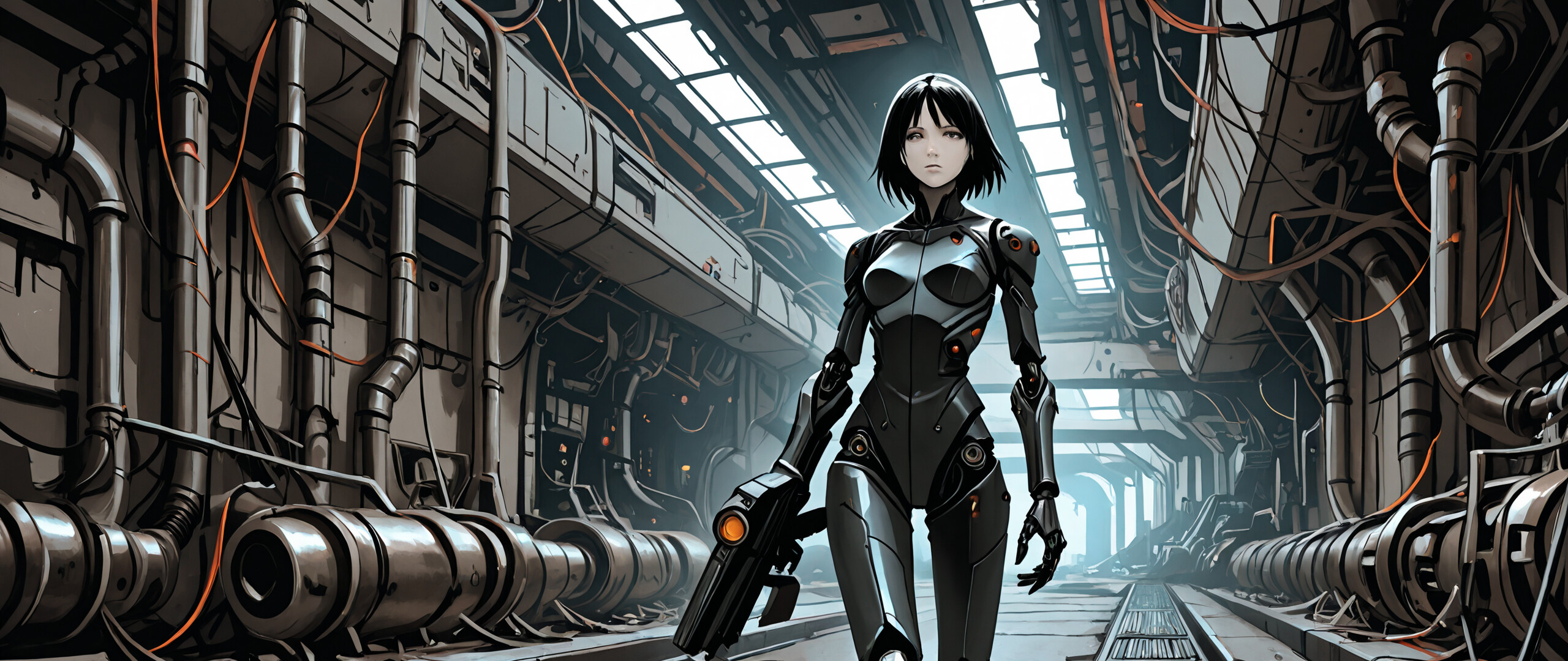 Un’illustrazione a figura intera del personaggio cyborg Sanakan, proveniente dal manga BLAME!, che cammina verso l’osservatore in un corridoio industriale futuristico, buio e stretto, pieno di tubi e cavi. Ha i capelli corti e neri e tiene in mano una grossa pistola.