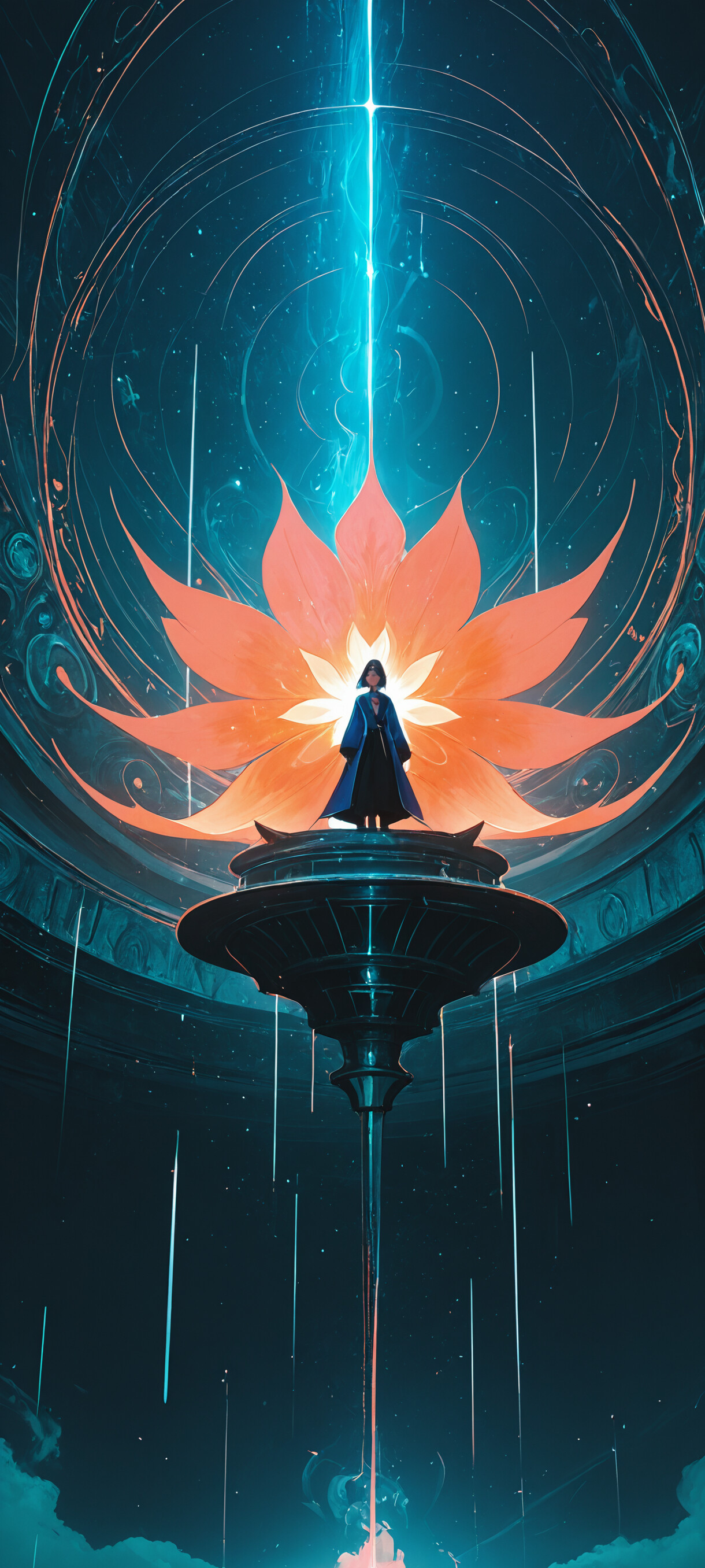 Un’illustrazione che raffigura una giovane donna in tutta la sua figura, con i capelli corti e neri, indossa un cappotto scuro e futuristico ed è in piedi di fronte a un grande portale circolare, di colore turchese e rosso, che emana luce, in un ambiente scuro e roccioso.