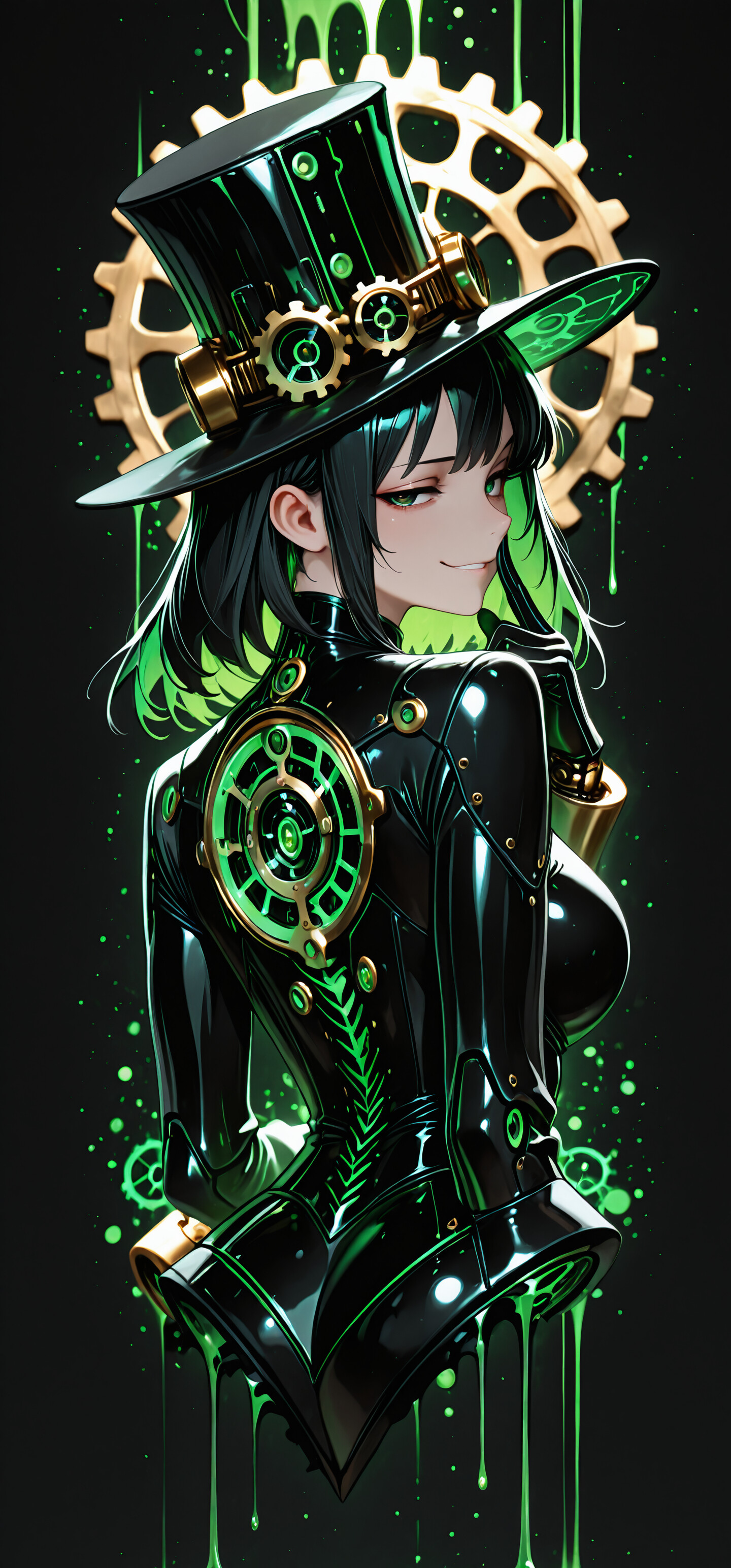Una figura in stile anime, con capelli corti, neri e di un verde brillante, si volta di spalle con un sorriso sardonico. Indossa un abito steampunk nero e un cappello a cilindro da cui cola una sostanza verde fluorescente.