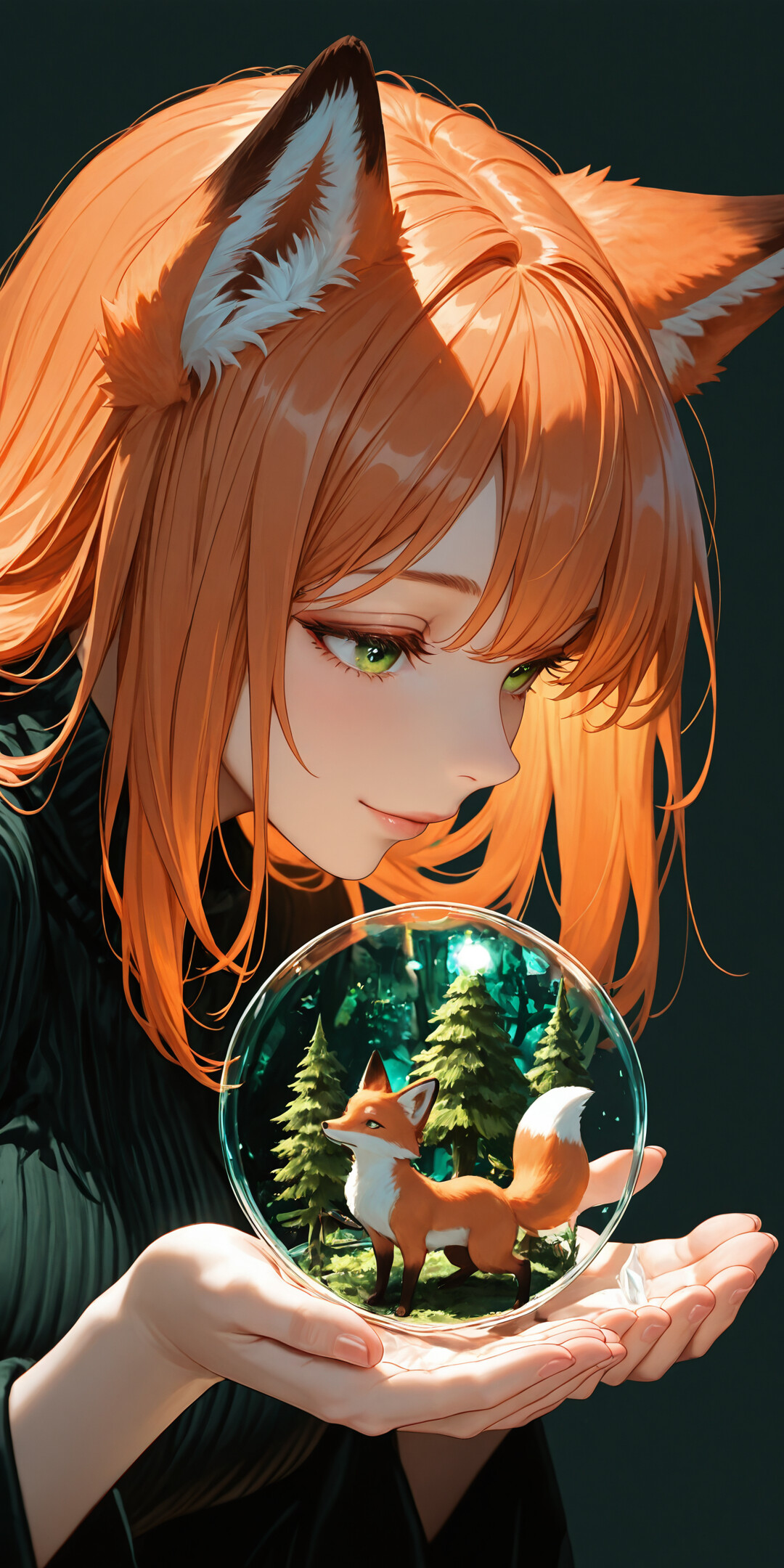 Un’illustrazione in stile anime che raffigura una ragazza-volpe con capelli arancioni e occhi verdi, che tiene in mano una sfera di vetro contenente una foresta in miniatura, ed è accompagnata da una grande volpe.