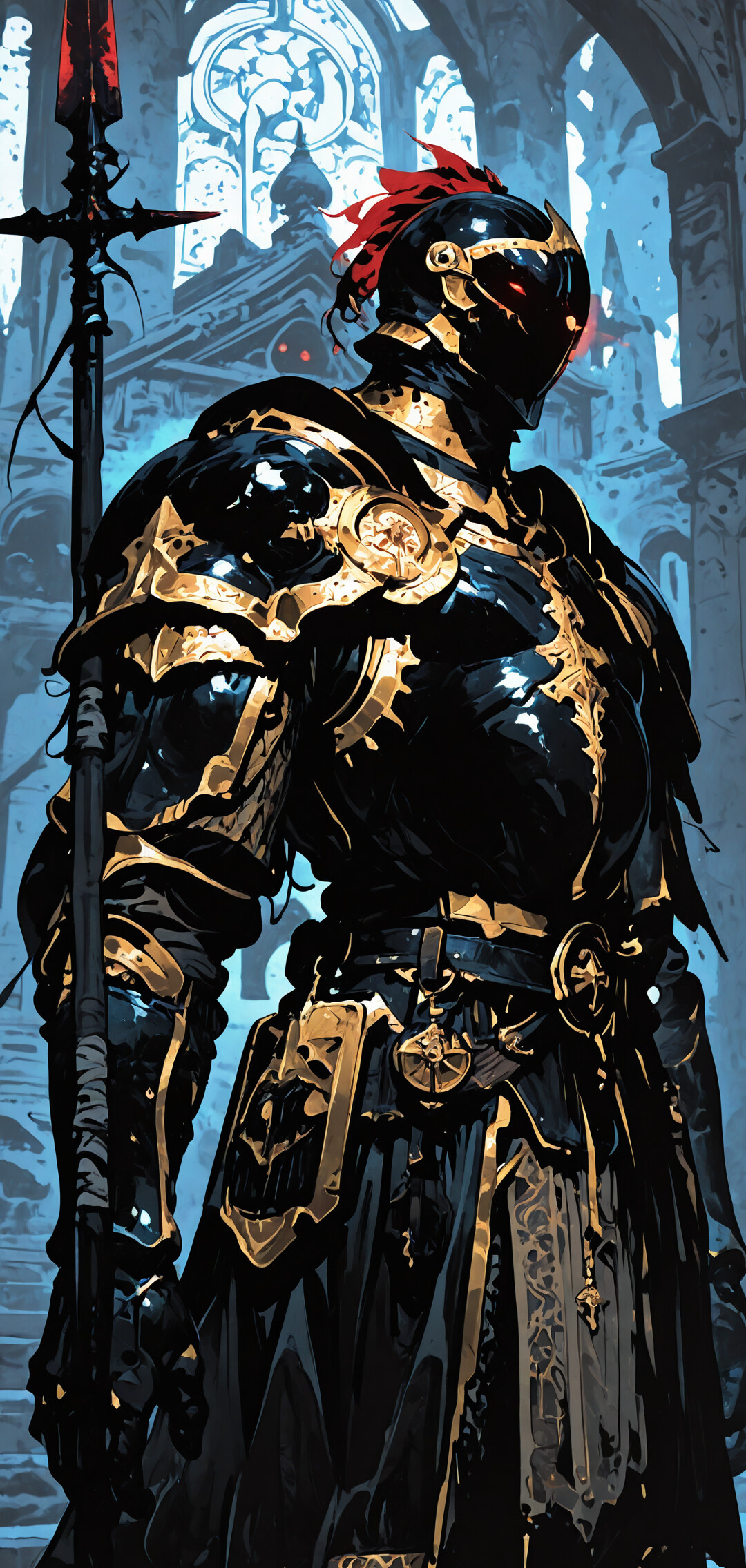 Un cavaliere alto, con una sontuosa armatura nera e dorata e con gli occhi che brillano di rosso, tiene in mano una lancia e si trova all’interno di un tempio di pietra, illuminato da un’intensa luce rossa proveniente dal fondo.