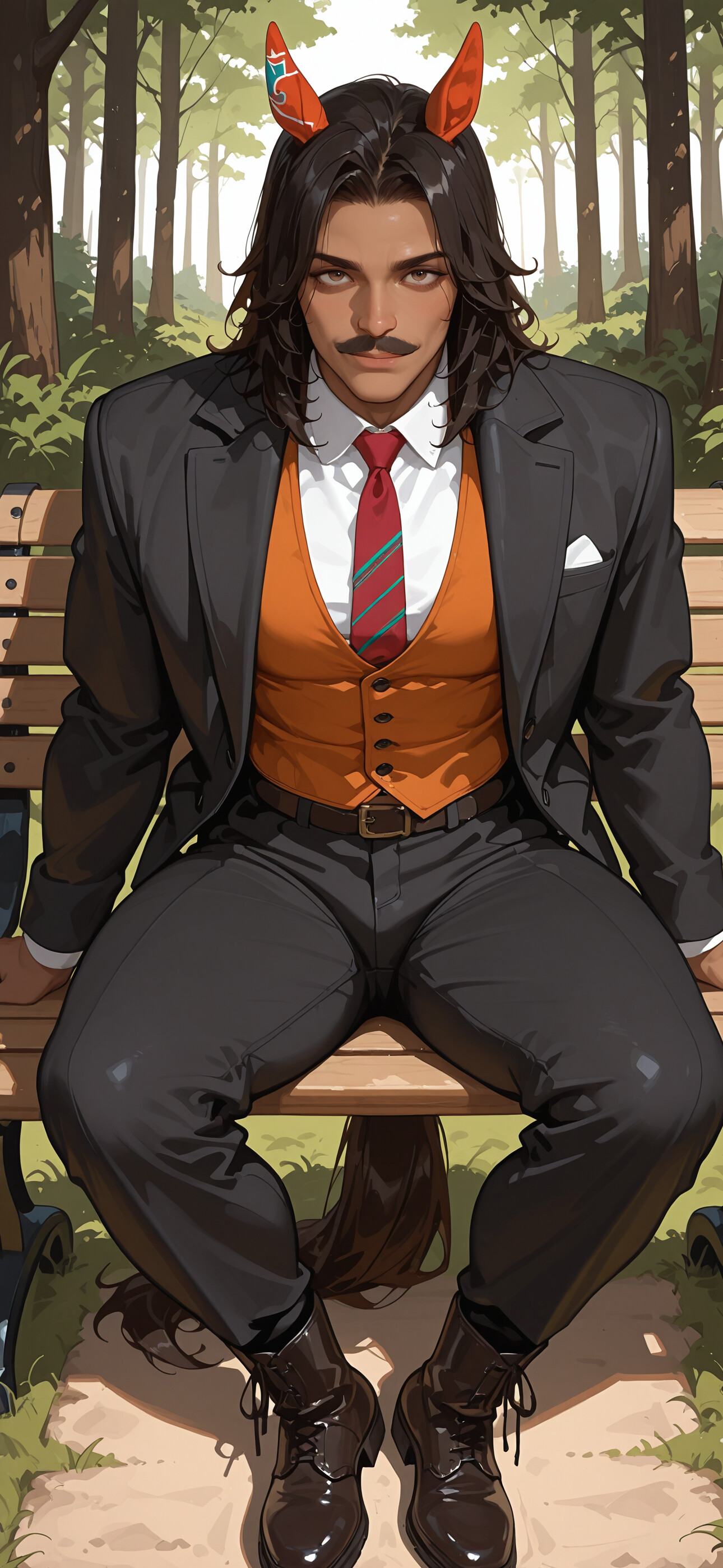 Un’illustrazione digitale che raffigura un uomo affascinante con la pelle abbronzata, lunghi capelli scuri, un paio di baffi e orecchie da cavallo, seduto su una panchina in un parco. Indossa una giacca color crema, un gilet arancione e una cravatta rossa, e guarda con sicurezza verso la telecamera, con un leggero sorriso. Dietro di lui, a terra, si intravede una coda di cavallo.