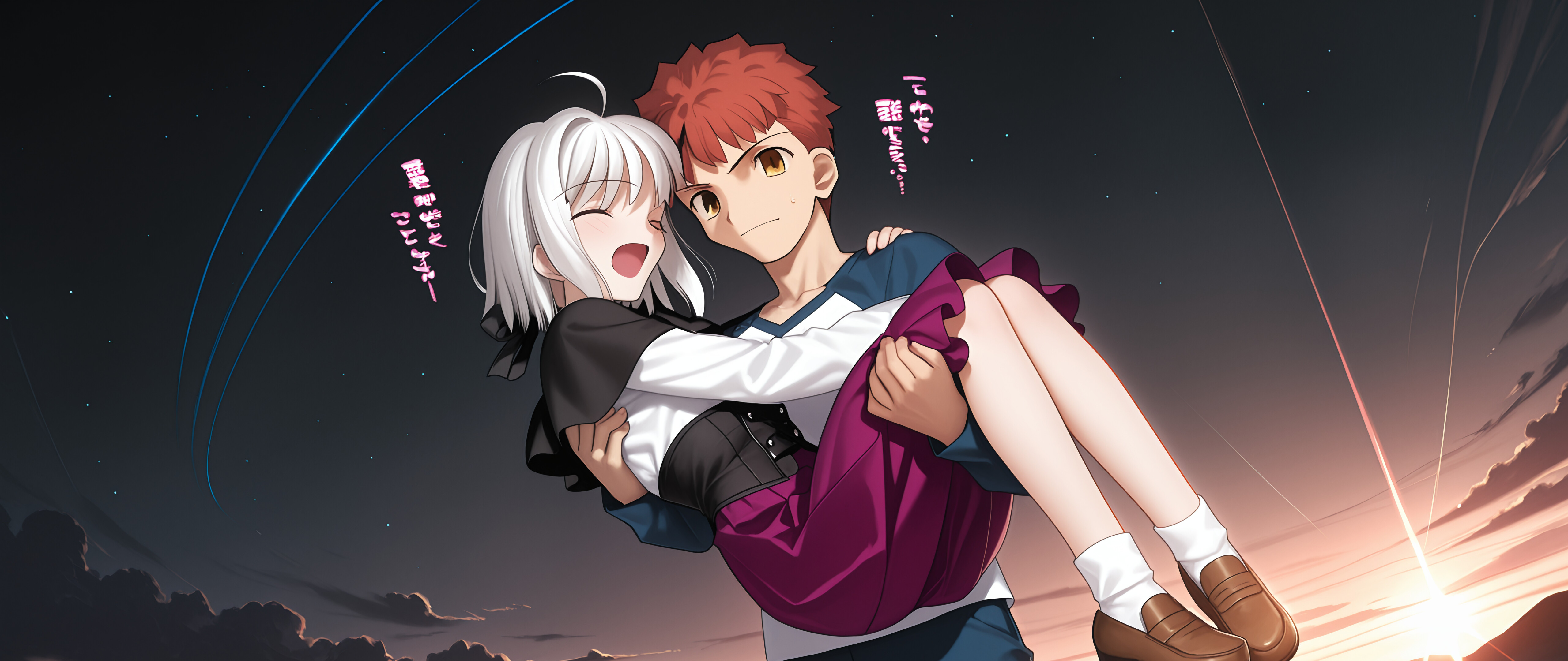 Emiya Shirou, proveniente da Fate/stay night, tiene delicatamente Tojou Koneko, tratta da High School DxD, tra le braccia, in una stanza poco illuminata, mentre attraverso la finestra alle loro spalle si intravede un cielo stellato.
