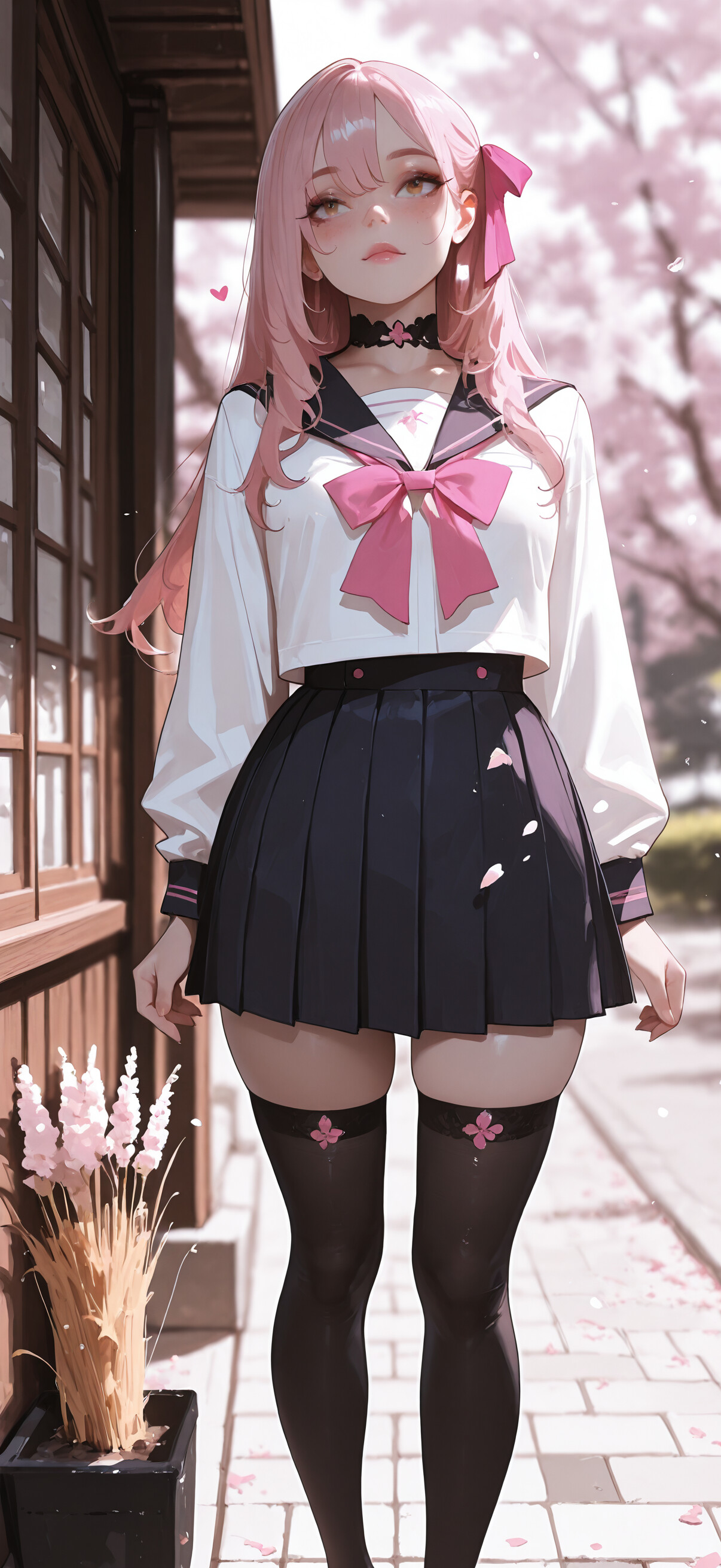 Un’illustrazione in stile anime che raffigura una ragazza con lunghi capelli rosa seduta su dei gradini di pietra. Indossa un’uniforme scolastica giapponese con una camicetta bianca, una gonna blu, un grande fiocco rosa e calze nere che arrivano fino alla coscia, ed è circondata da piante dorate e petali rosa fluttuanti.