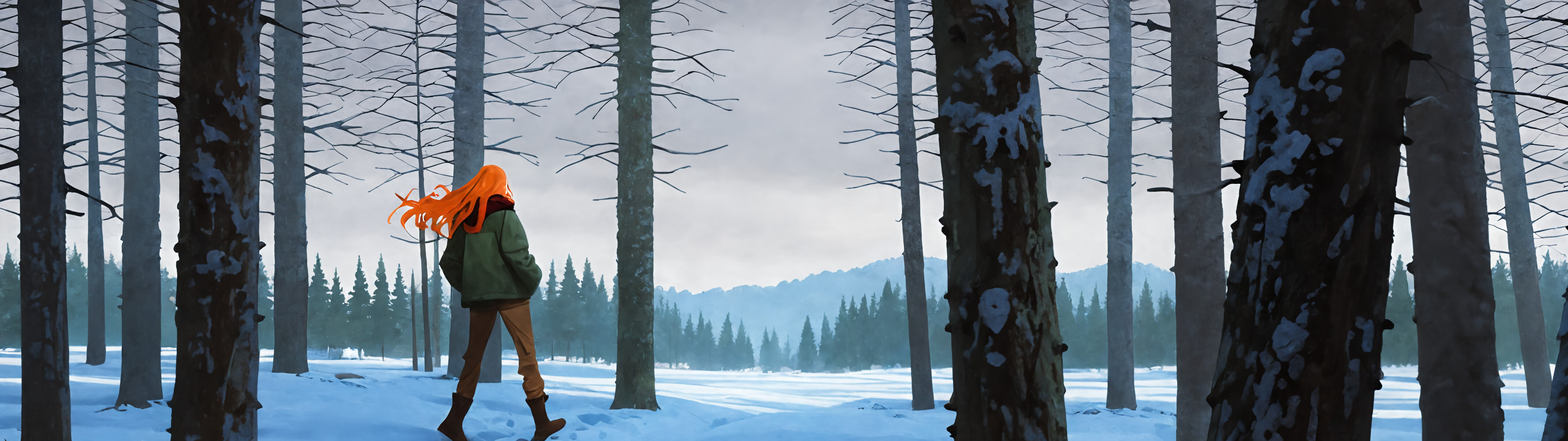 Un dipinto che ritrae Tulip Olsen, personaggio della serie «Infinity Train», di spalle, mentre si trova in piedi in una foresta di pini innevata. Ha i capelli arancioni e luminosi che le sventolano al vento, indossa una giacca verde, una sciarpa a quadri rossa e pantaloni marroni, con le mani in tasca.