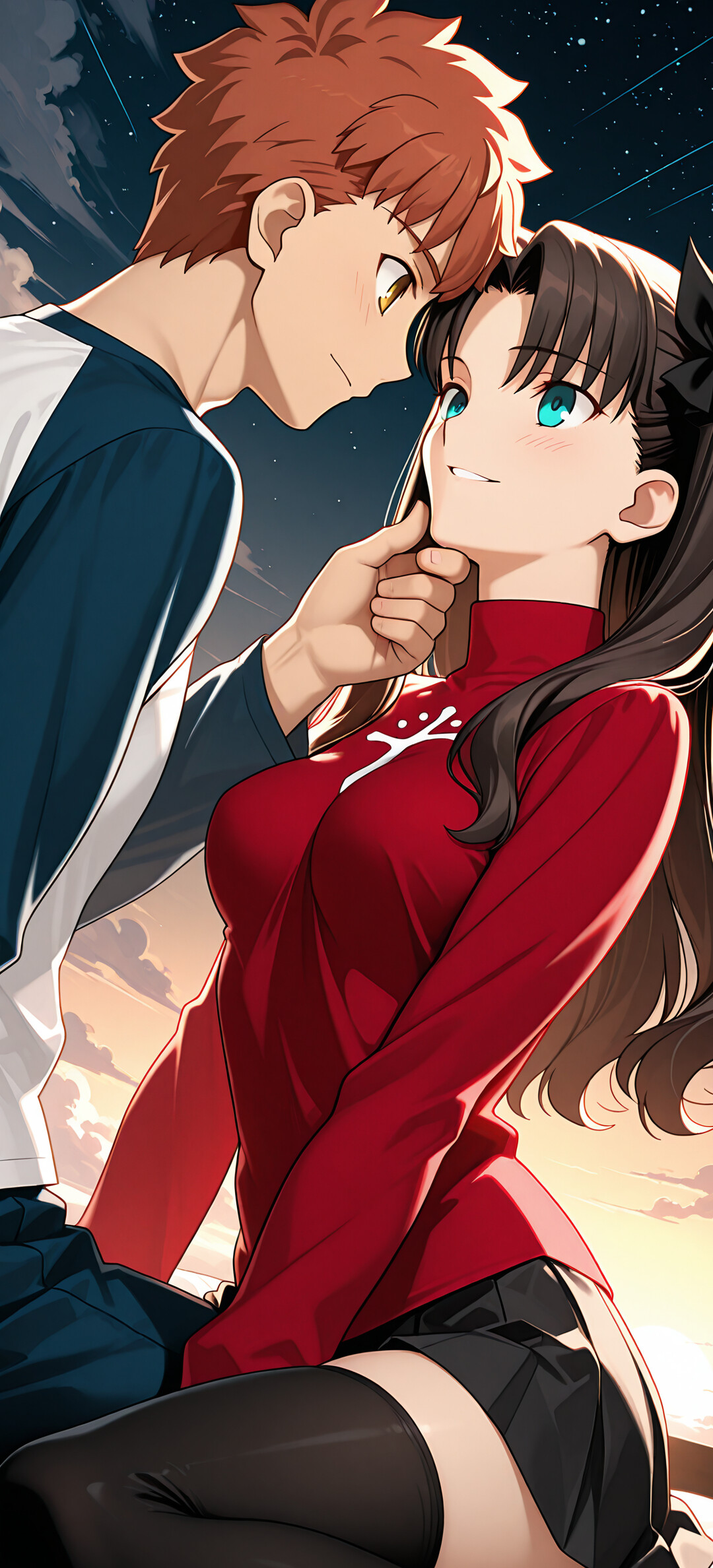 Un’illustrazione in stile anime che ritrae Rin Tohsaka e Shirou Emiya, personaggi di Fate/stay night, in un momento romantico. Shirou tiene il mento di Rin mentre si guardano negli occhi sotto un cielo stellato.