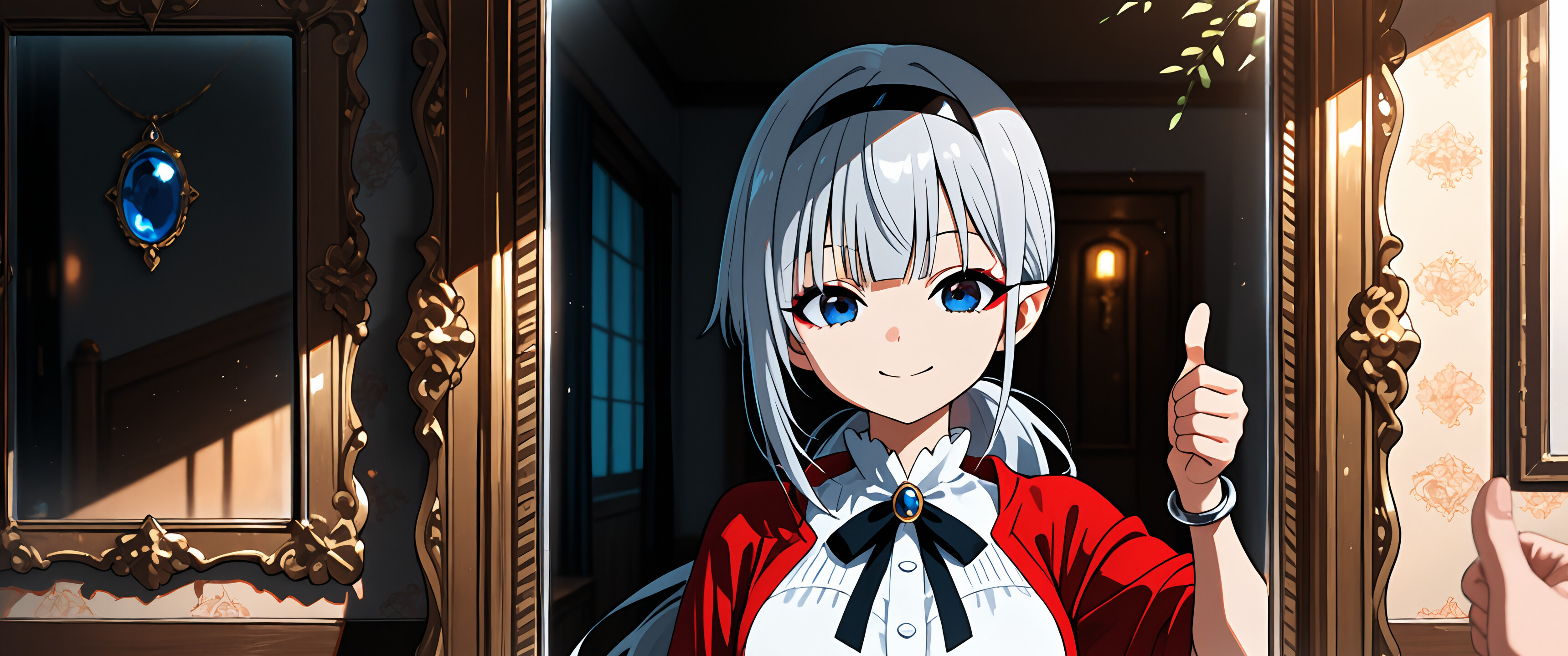 Una ragazza anime con capelli argentati e orecchie a punta, Hiragi Popura, sorride e fa il segno di approvazione con il pollice davanti a uno specchio decorato; in primo piano, una mano fa lo stesso gesto in direzione del suo riflesso.