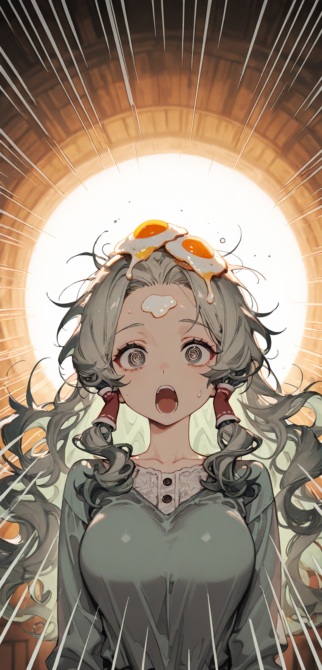 Una ragazza in stile anime, con capelli mossi di colore verde chiaro e occhi a spirale, che appare sbalordita, con la bocca aperta, mentre due uova fritte sono appoggiate sulla sua testa.