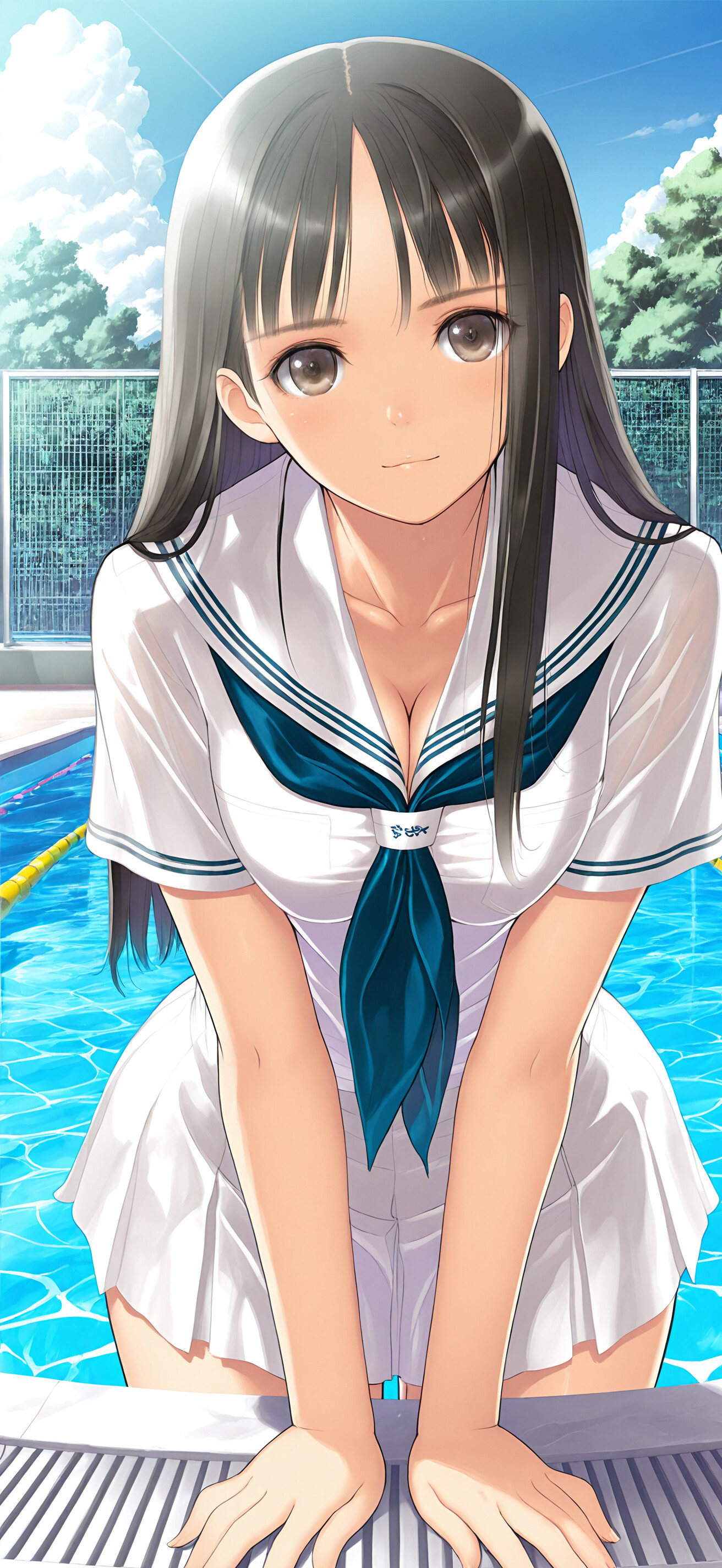 Un’illustrazione in stile anime che raffigura una giovane donna con lunghi capelli neri e occhi marroni, vestita con l’uniforme scolastica giapponese, appoggiata in avanti accanto a una piscina di un azzurro brillante.