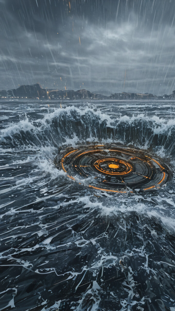 Un suggestivo dipinto fantasy che raffigura un mare in tempesta, con un’enorme colonna d’acqua a forma di albero che si innalza, illuminata da una luce blu intensa proveniente dall’interno. La pioggia cade da un cielo scuro e nuvoloso sull’oceano agitato e su una costa rocciosa.