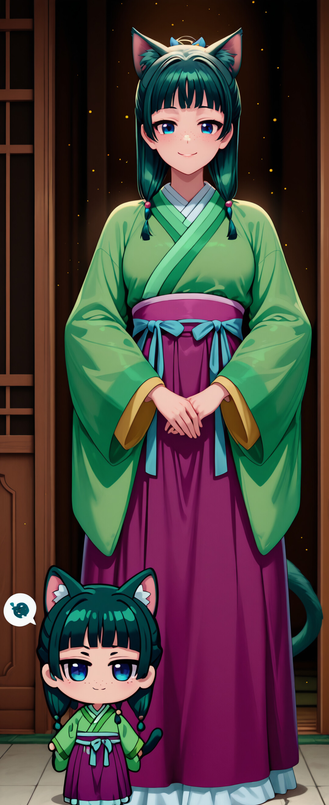 Un’illustrazione in stile chibi che raffigura l’intero corpo del personaggio Maomao, tratta da «Le memorie dell’erborista», reinventata come una ragazza-gatto. Ha i capelli verdi, le orecchie e la coda da gatto, grandi occhi azzurri e lentiggini. Indossa un abito tradizionale verde e viola ed è in piedi in una stanza con porte in stile giapponese.