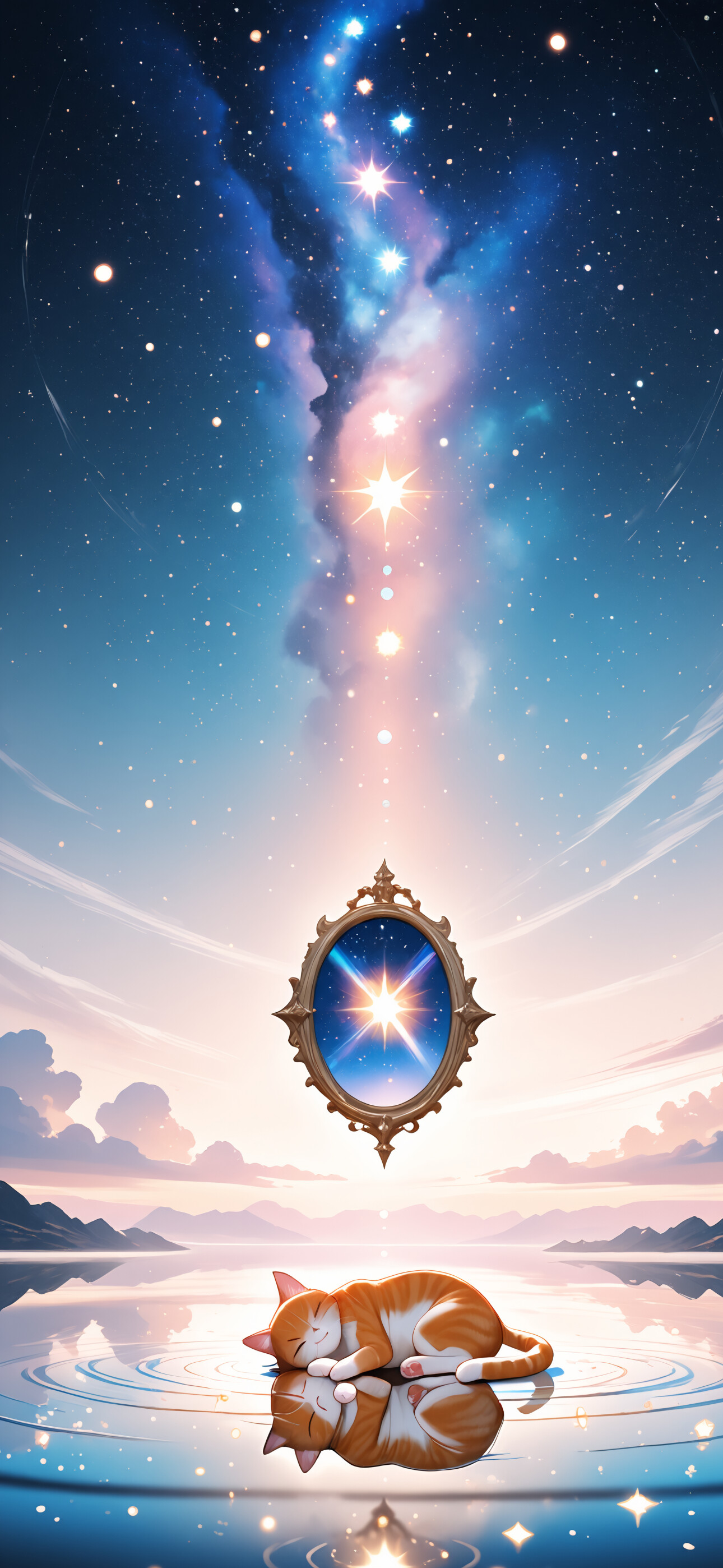 Un’illustrazione che raffigura un adorabile gatto tigrato arancione e bianco addormentato su una superficie riflettente simile all’acqua. Lo sfondo è un cielo notturno cosmico, con una nebulosa dai colori vivaci, innumerevoli stelle e una grande sfera luminosa dietro il gatto.