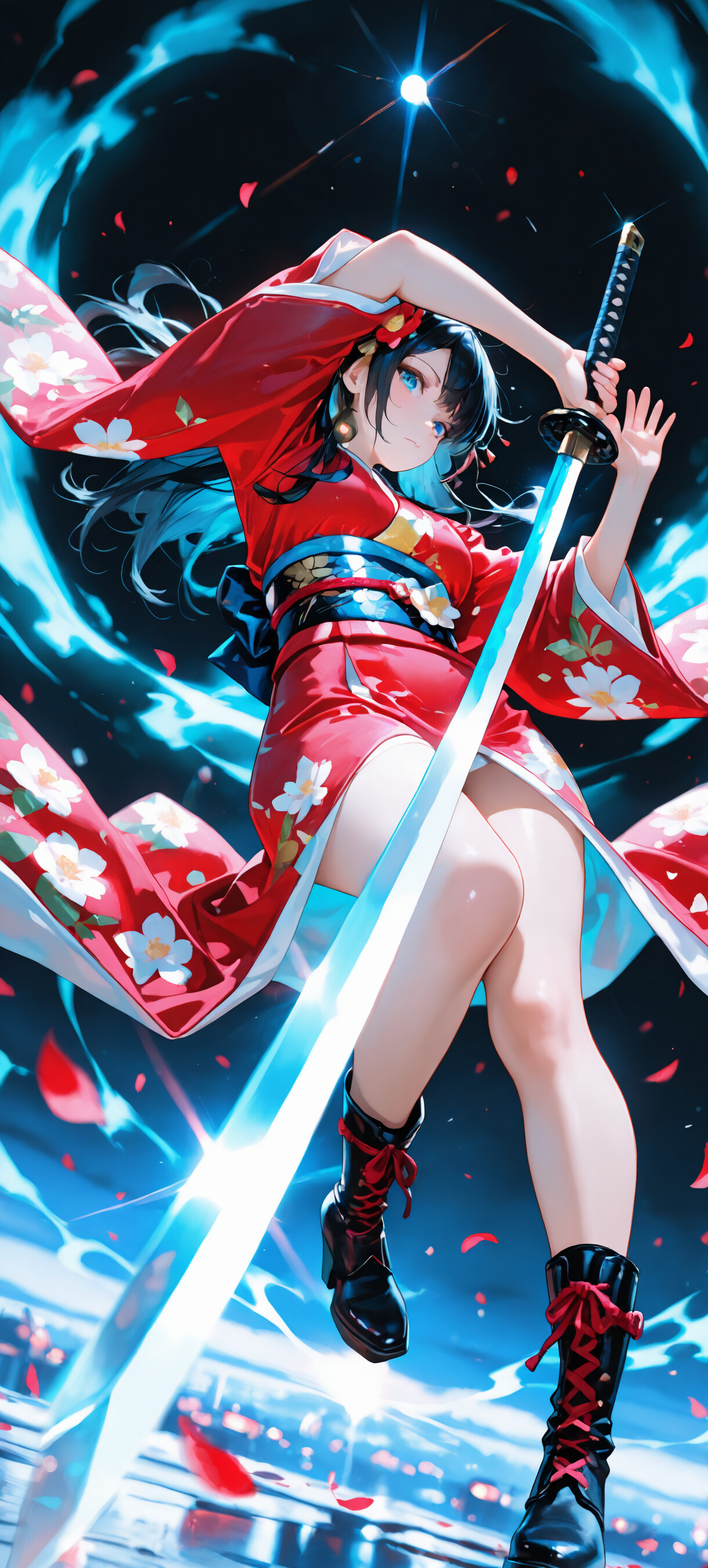 Un’illustrazione che raffigura una giovane donna in stile anime, a figura intera, che indossa un kimono rosso a motivi floreali e stivali da combattimento neri. È rappresentata in una posa dinamica mentre tiene in mano una spada katana, sullo sfondo di un ambiente scuro con effetti di luce blu e petali rossi.
