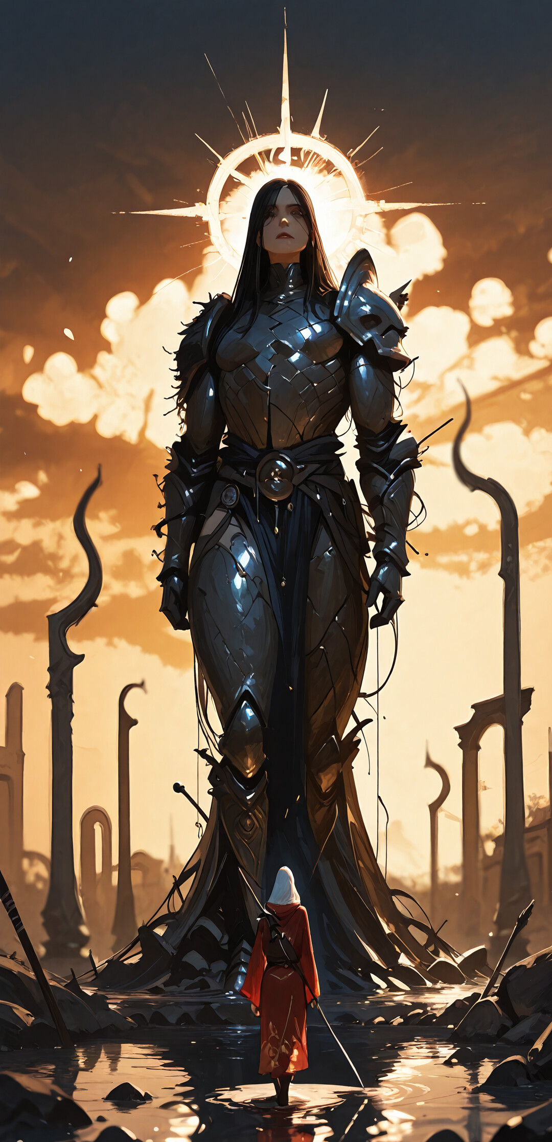 Un guerriero fantastico, avvolto in una veste rossa con cappuccio e protetto da un’armatura nera, cammina attraverso le acque poco profonde di una strada di un’antica città allagata, al tramonto, mentre grandi statue di pietra lo affiancano.