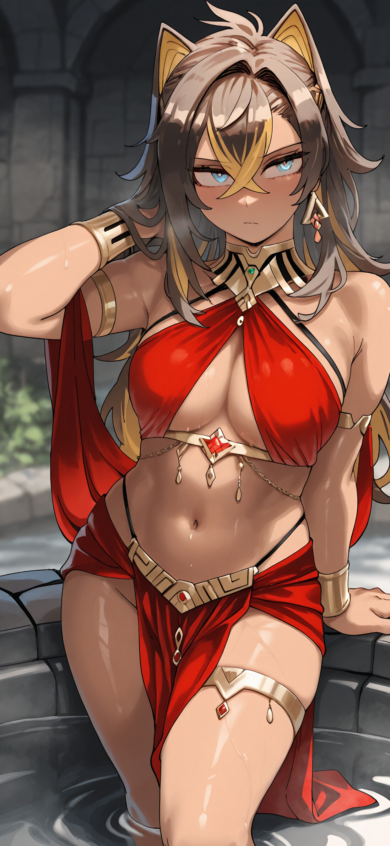 Un’opera di fan art raffigura Dehya, personaggio del videogioco Genshin Impact, mentre si rilassa in una vasca di pietra. Ha la pelle abbronzata, i capelli bicolore e gli occhi azzurri, ed è vestita con un bikini rosso e dorato. È sdraiata, con un piede sollevato e rivolto verso l’osservatore.