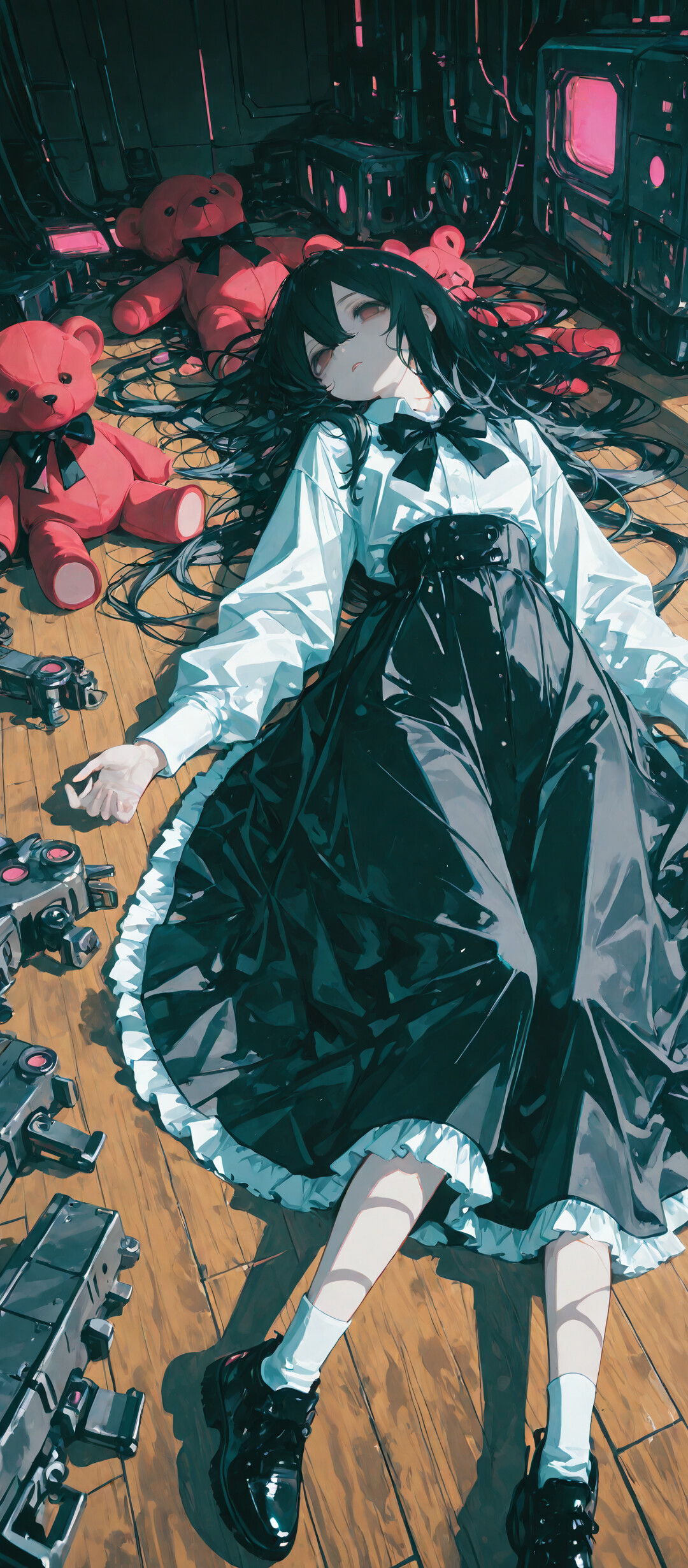 Una ripresa dall’alto mostra una ragazza anime con lunghi capelli neri, sdraiata su un pavimento di legno in una stanza futuristica. Indossa una camicia bianca e una gonna nera, ed è circondata da macchinari con schermi rossi luminosi e da un piccolo orsacchiotto.