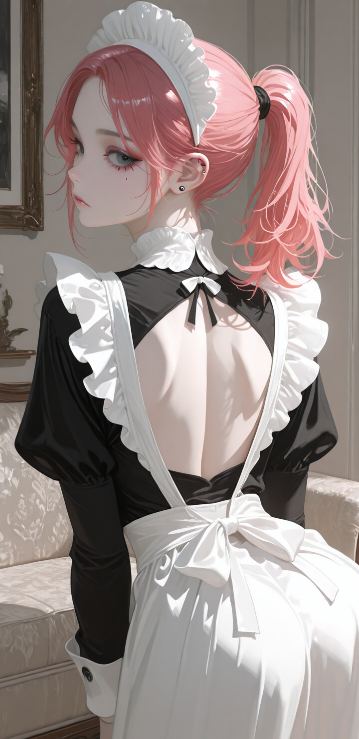 Un’illustrazione in stile anime che raffigura una giovane donna con i capelli rosa raccolti in una coda di cavallo, indossa un’uniforme da cameriera bianca e nera con la schiena scoperta. È ritratta mentre si volta indietro, guardando sopra la spalla, in una stanza ben illuminata.