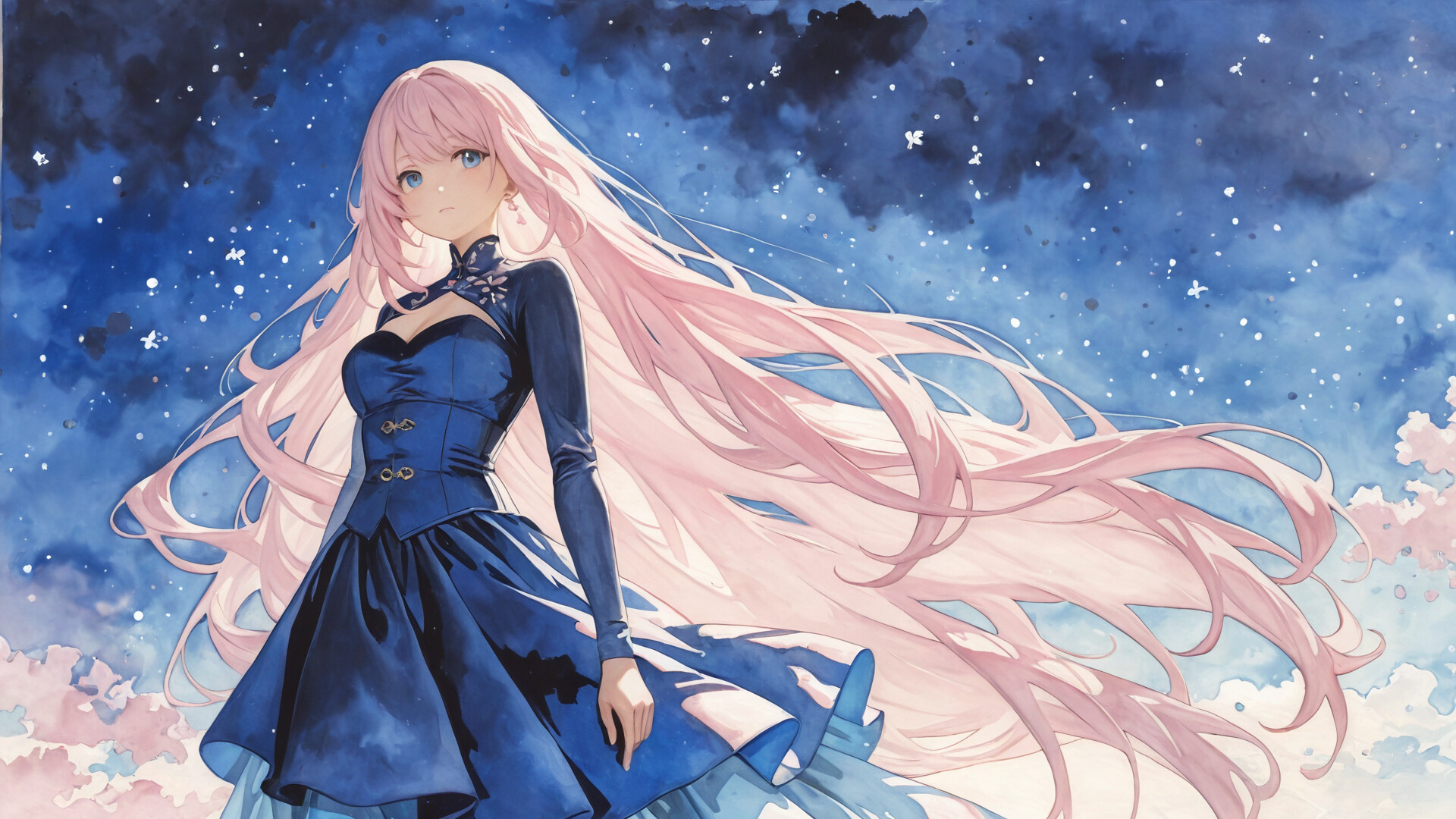Un’illustrazione in stile anime che raffigura Elysia, personaggio del videogioco Honkai Impact 3rd: una bellissima ragazza con lunghi capelli rosa e occhi azzurri, che indossa un elegante abito azzurro chiaro, sullo sfondo di un cielo notturno magico e stellato.