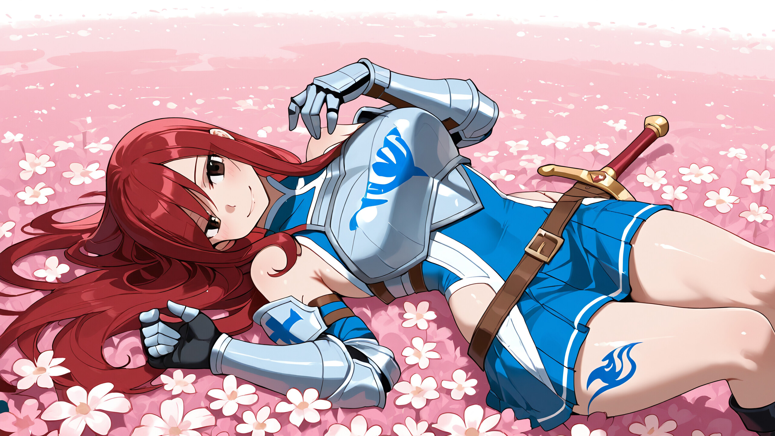 Erza Scarlet, personaggio di Fairy Tail, una guerriera dai capelli rossi che indossa un’armatura argentata e blu e una gonna blu, è in piedi in un campo di fiori bianchi, sorridendo, con un castello sullo sfondo, e tiene in mano una spada.