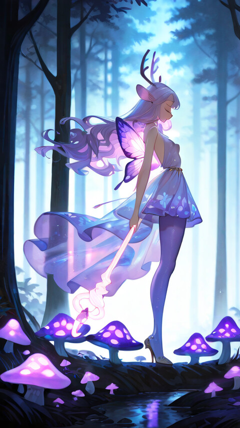 Un’illustrazione in stile anime che raffigura una bellissima creatura silvana, con lunghi capelli color lilla, corna da cervo e grandi ali di farfalla. Tiene in mano un bastone luminoso e si trova in una foresta magica, piena di funghi lilla che brillano e di un piccolo cervo.
