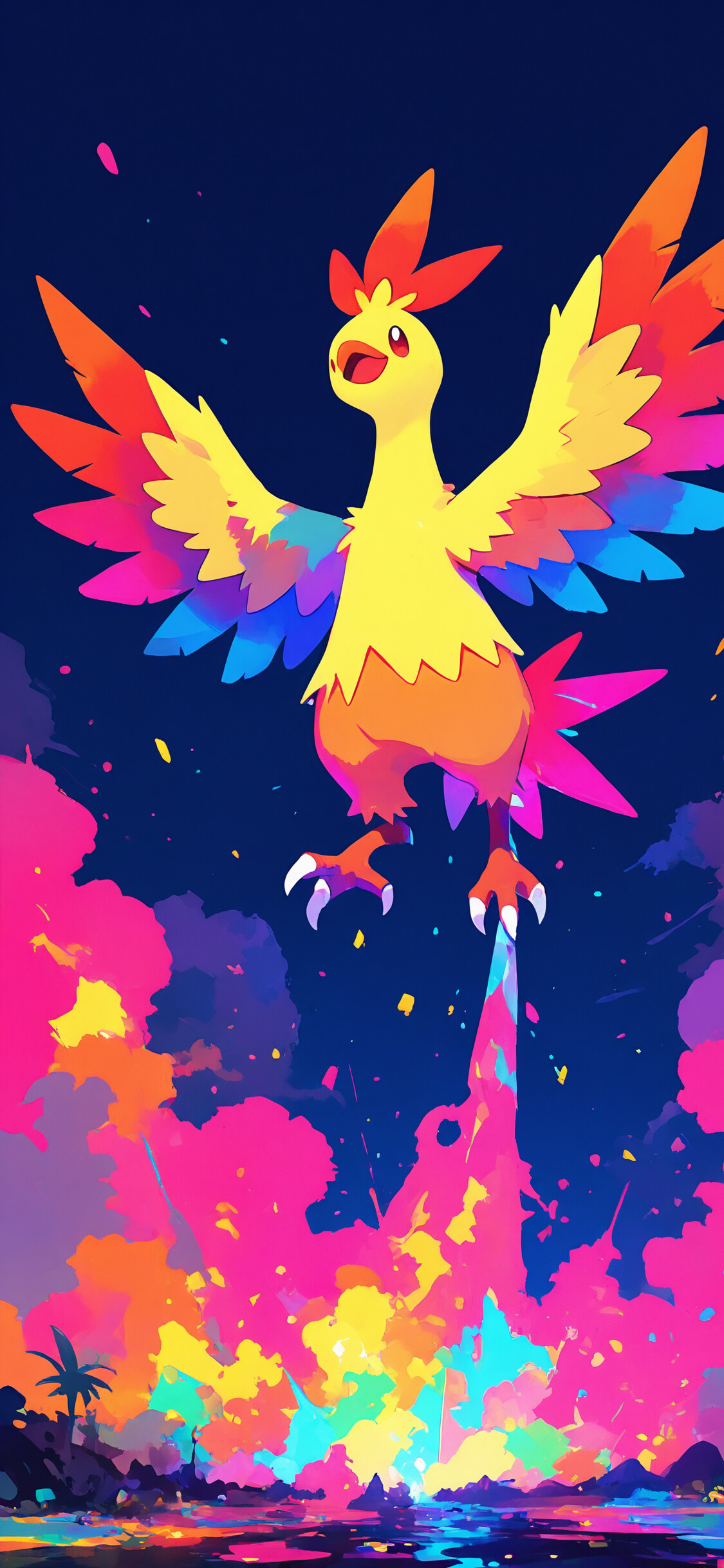 Un’illustrazione digitale del Pokémon Combusken, raffigurato in una posa sicura e decisa. Dalla cresta sulla sua testa fuoriescono delle fiamme, in contrasto con uno sfondo vivace composto da macchie di colore blu, rosa e giallo.