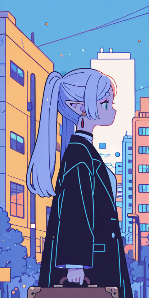 Un’illustrazione in stile anime che raffigura Frieren, una giovane elfa con lunghi capelli bianchi raccolti in una coda di cavallo, mentre cammina lungo una strada di una città moderna. È mostrata di profilo, indossa un mantello bianco e porta con sé una valigia marrone. Gli edifici della città sono rappresentati in tonalità di blu e viola.