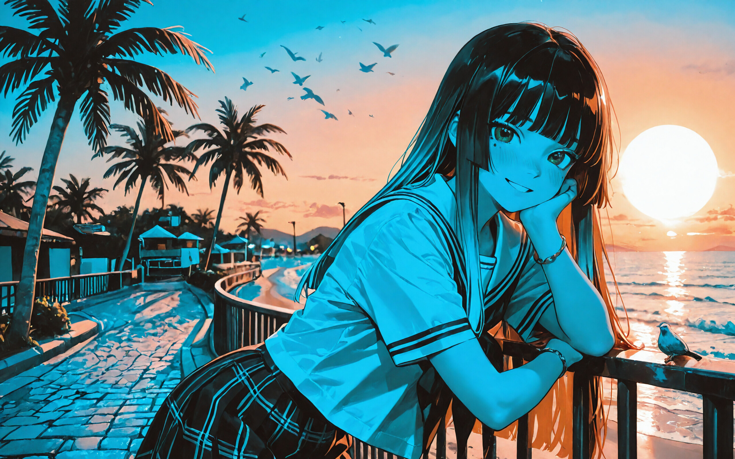 Una ragazza in stile anime, con lunghi capelli blu e occhi verdi, indossa un’uniforme scolastica da marinaia, è appoggiata a una ringhiera e sorride. Lo sfondo è una splendida scena di spiaggia, con il sole al tramonto, palme e uccelli che volano nel cielo.
