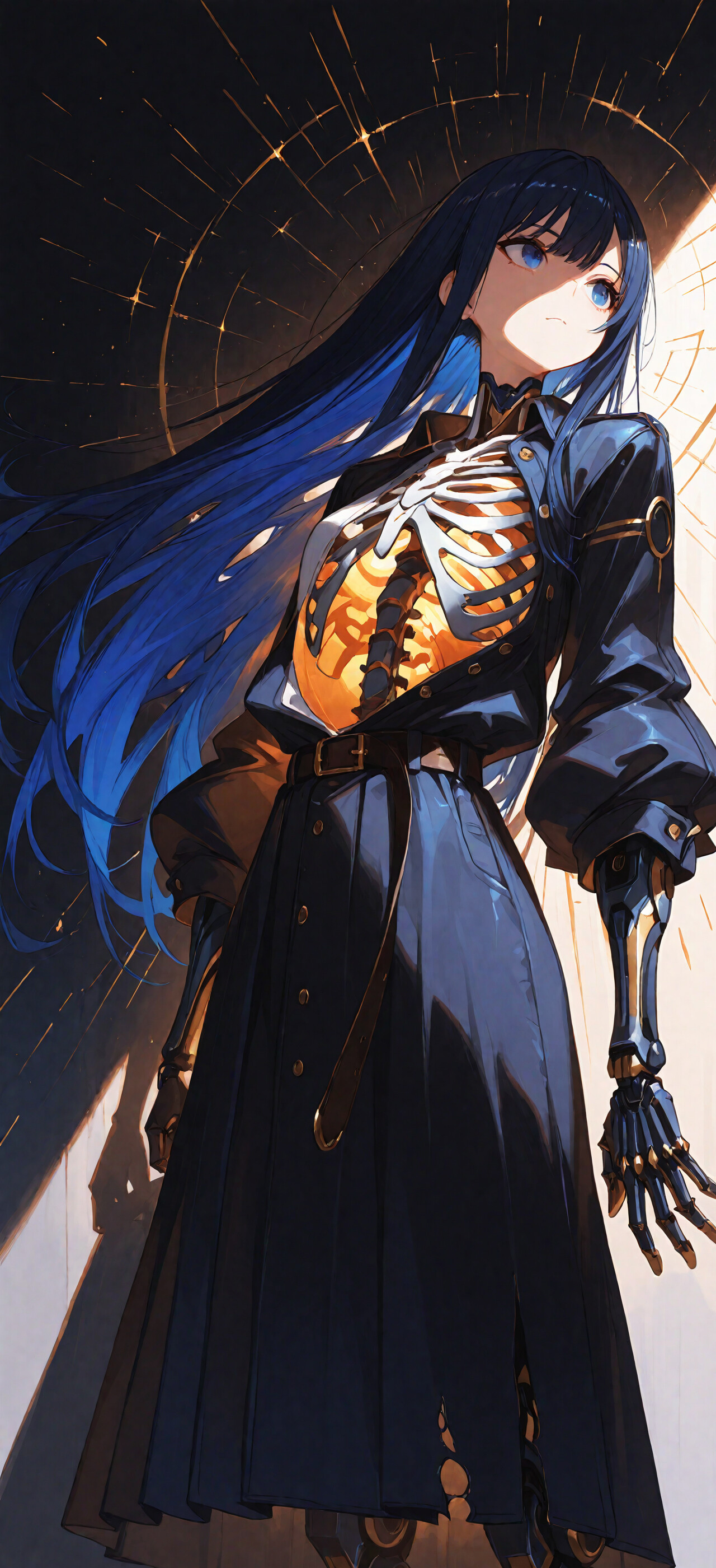 Una ragazza cyborg in stile anime, con lunghi capelli blu scuro, guarda in basso con un’espressione malinconica. Il suo busto è aperto, rivelando una gabbia toracica meccanica bianca che emana una luce arancione brillante dall’interno. Indossa una giacca scura aperta e una gonna strappata, sullo sfondo di un ambiente scuro punteggiato da scintille.