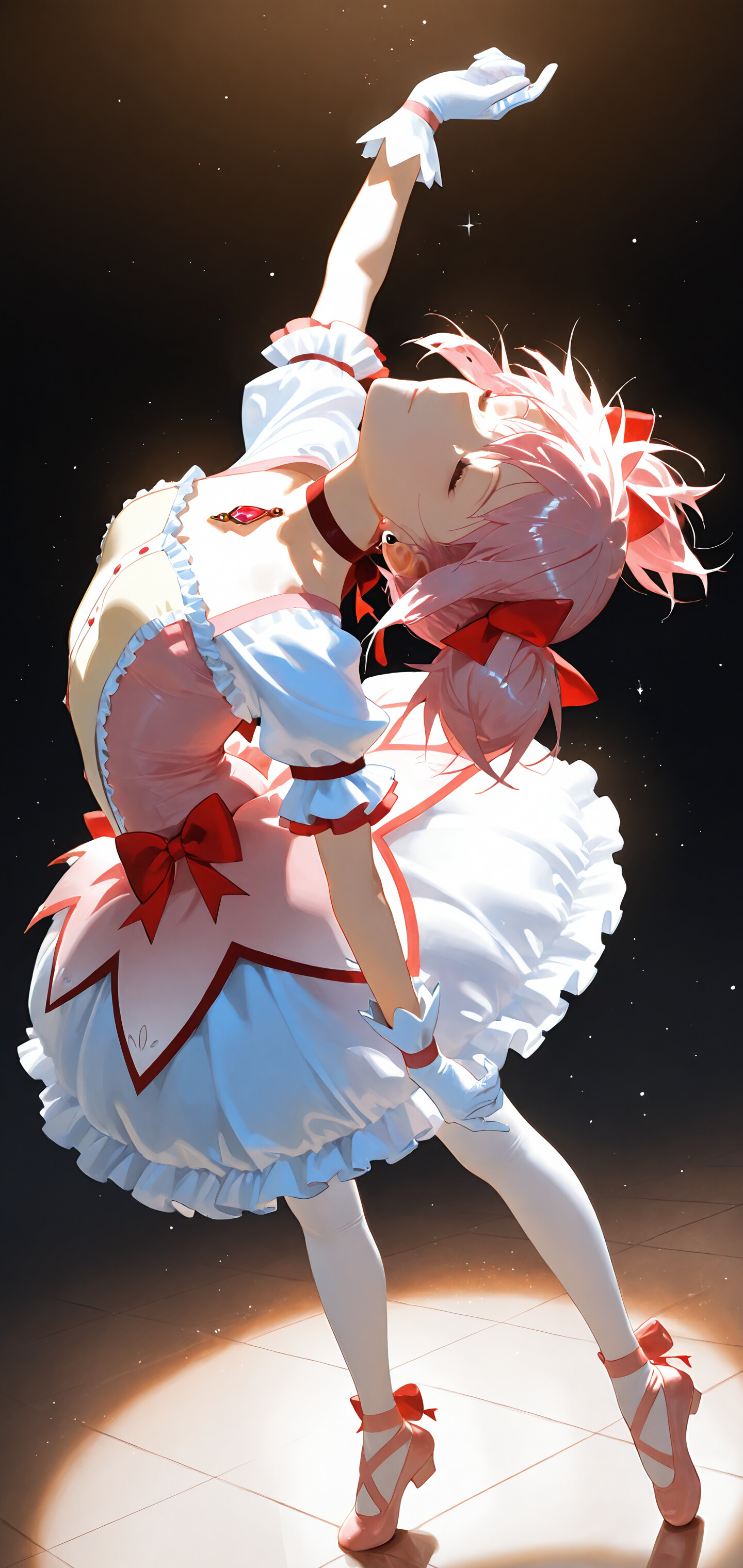 Madoka Kaname, tratta da Puella Magi Madoka Magica, indossa un abito rosa e bianco in stile da ballerina e danza con grazia sotto un riflettore, con gli occhi chiusi, sullo sfondo di un cielo stellato.
