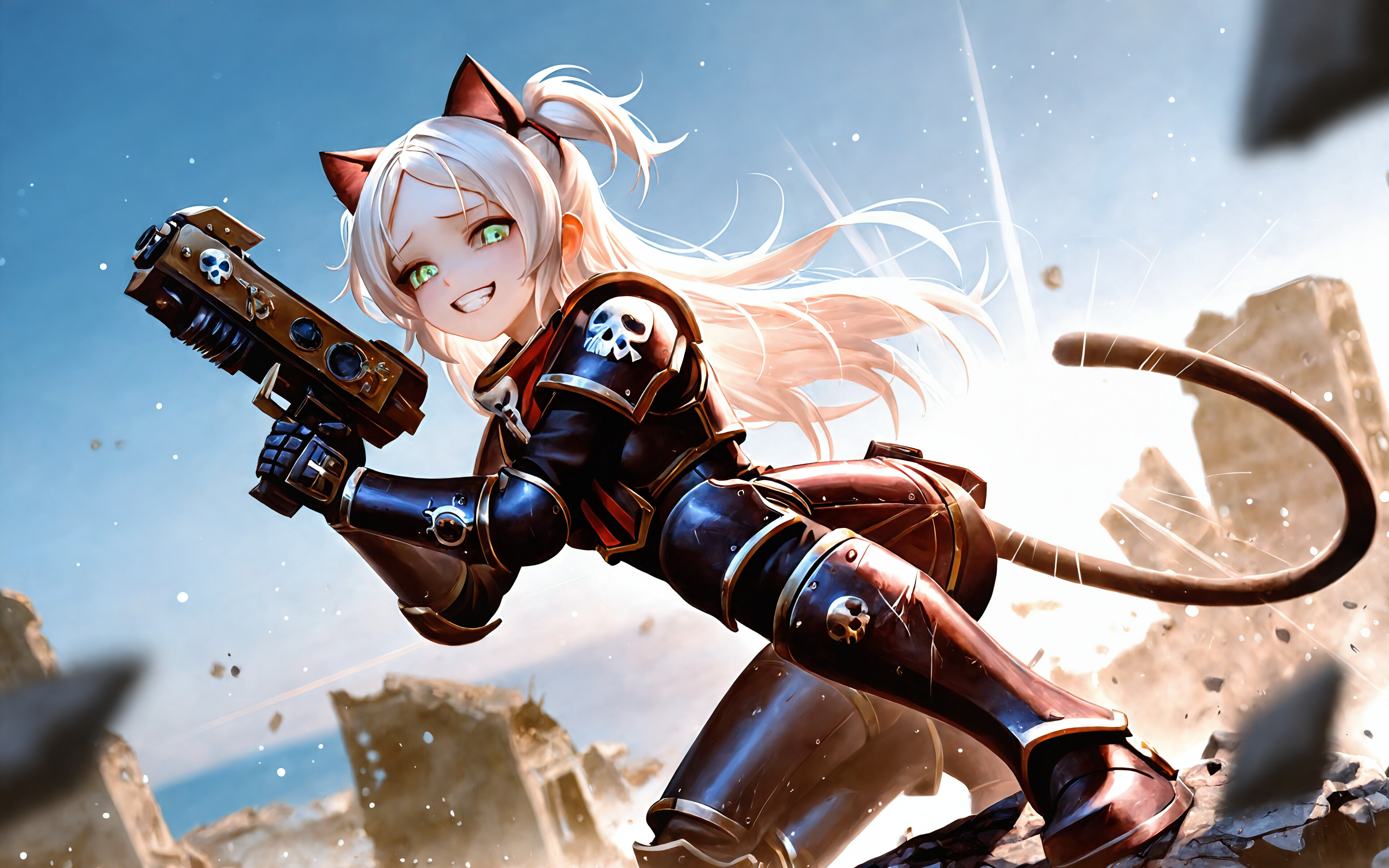Una ragazza-gatto in stile anime, con capelli bianchi e occhi verdi, indossa un’armatura potenziata blu e rossa, simile a quella di Warhammer 40k, e maneggia con gioia due pistole in un campo di battaglia desolato.