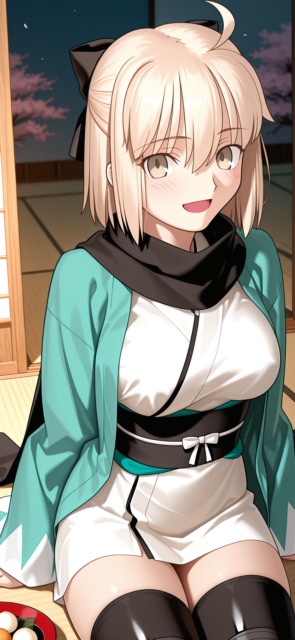 Okita Souji, un personaggio biondo di un anime tratto da Fate/Grand Order, sorride dolcemente mentre è seduta in una stanza tradizionale giapponese e tiene in mano un dango. Indossa un haori color turchese sopra un kimono bianco.