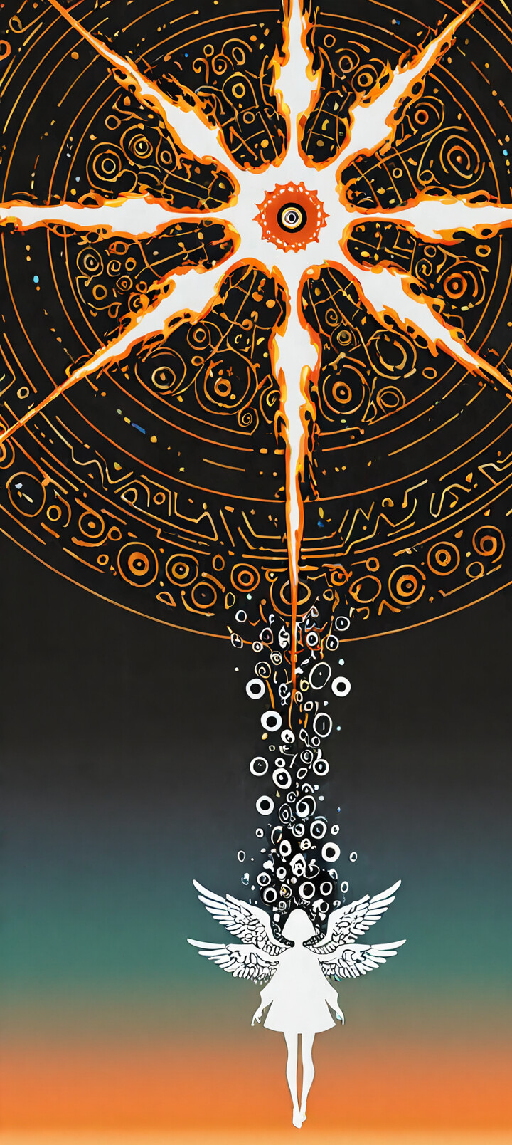 Un’illustrazione astratta e ad alto contrasto che rappresenta un essere celeste. Un grande cerchio nero, pieno di numerosi occhi più piccoli, forma la testa, con un singolo occhio rosso fiammeggiante al centro. Questo è circondato da un alone bianco con raggi neri simili a quelli del sole. Sotto, si trova la silhouette bianca e minimalista del torso di una donna, su uno sfondo nero e rosso scuro.