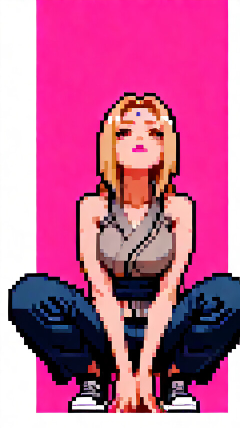 Una rappresentazione in pixel art di Tsunade, personaggio della serie Naruto, raffigurata in posizione accovacciata, mentre guarda verso un’unica stella luminosa su uno sfondo rosa.