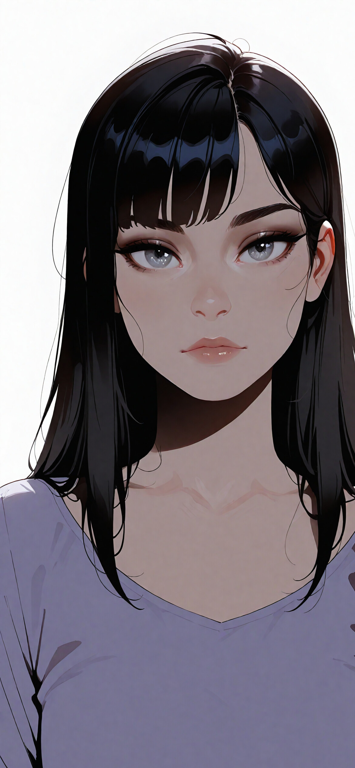 Un’illustrazione digitale che raffigura una giovane donna con capelli neri corti, frangia e occhi grigi molto espressivi, che guarda direttamente l’obiettivo della fotocamera. Indossa una camicia color lavanda sopra una canottiera nera, su uno sfondo bianco.