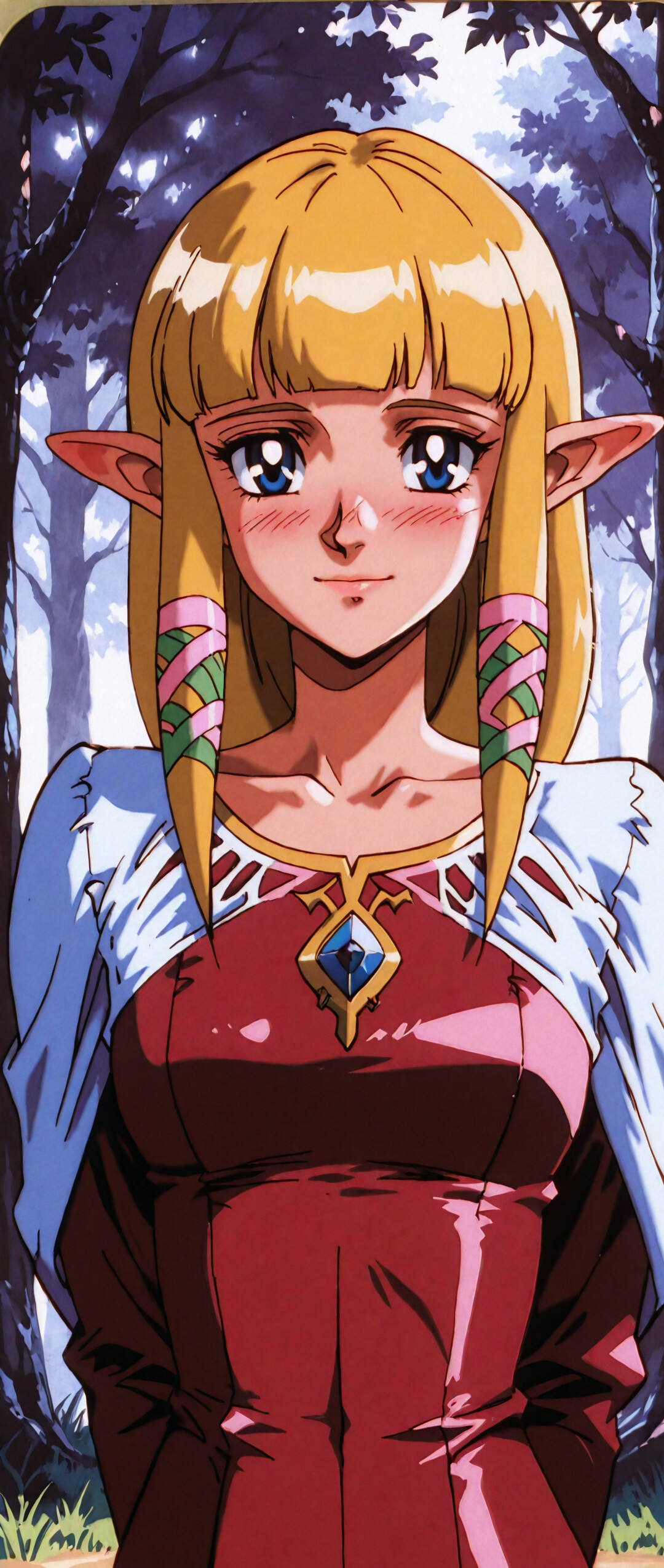 Un’illustrazione della principessa Zelda tratta da Skyward Sword, realizzata nello stile degli anime degli anni ’90. Ha lunghi capelli biondi, orecchie a punta e occhi azzurri, ed è leggermente arrossata con un dolce sorriso. Indossa un abito rosa e rosso con uno scialle bianco, ed è ambientata in una foresta.