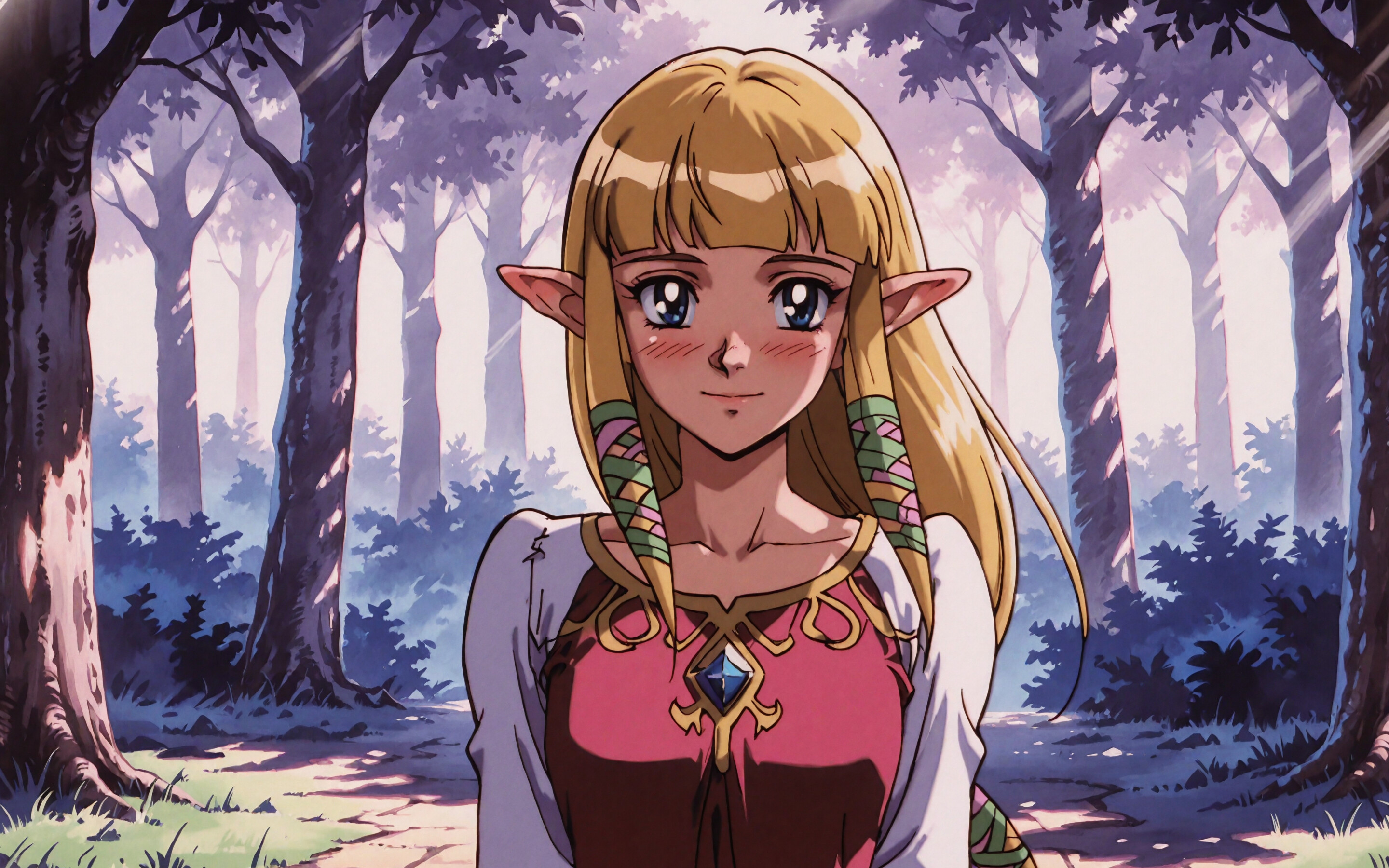 Un’illustrazione della principessa Zelda tratta da Skyward Sword, realizzata nello stile degli anime degli anni ’90. Ha lunghi capelli biondi, orecchie a punta e occhi azzurri, ed è leggermente arrossata con un dolce sorriso. Indossa un abito rosa e rosso con uno scialle bianco, ed è ambientata in una foresta.