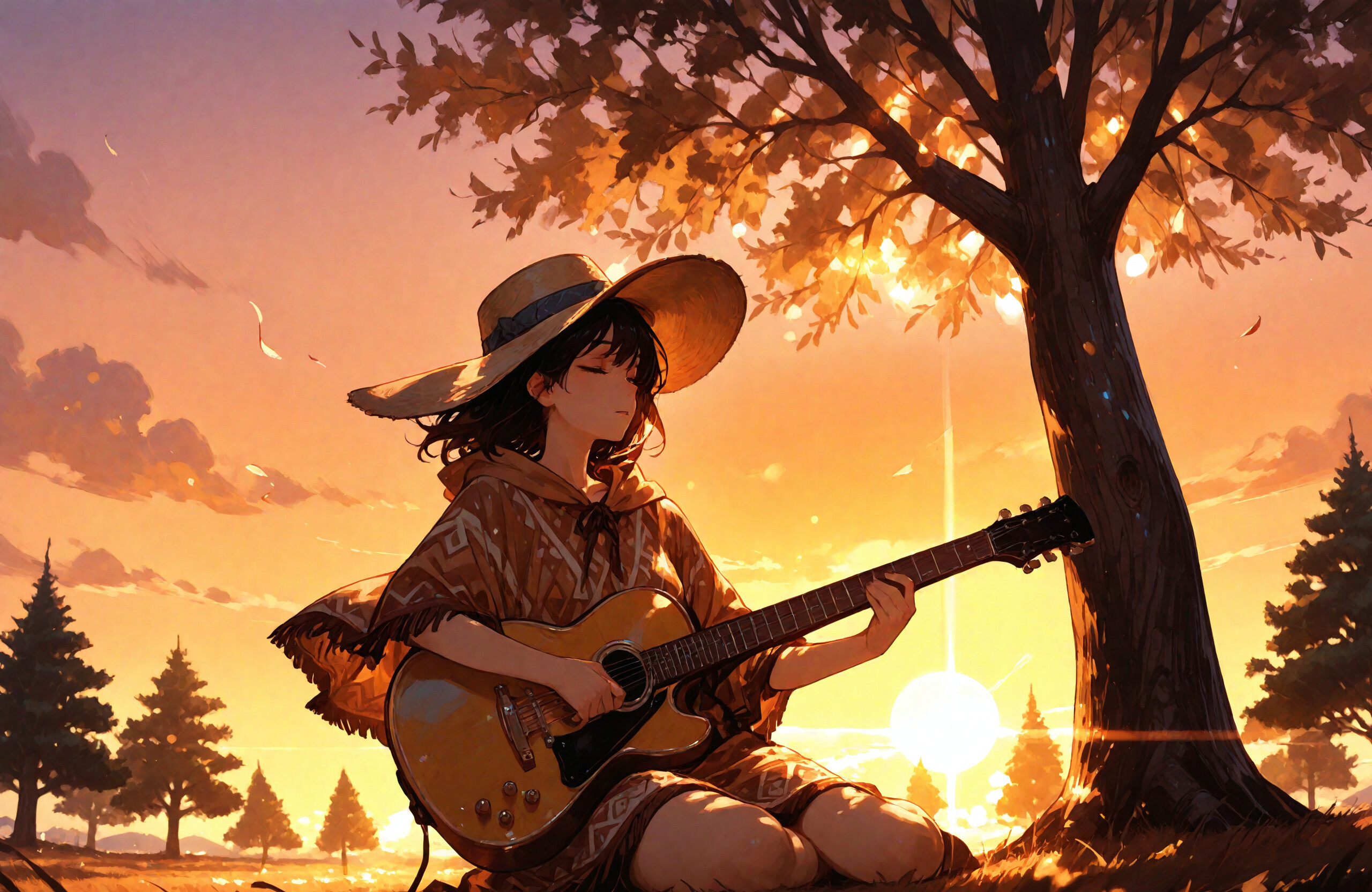 Una ragazza in stile anime, con capelli scuri, indossa un poncho e un cappello a tesa larga ed è seduta accanto a un grande albero al tramonto, mentre suona tranquillamente una chitarra acustica.