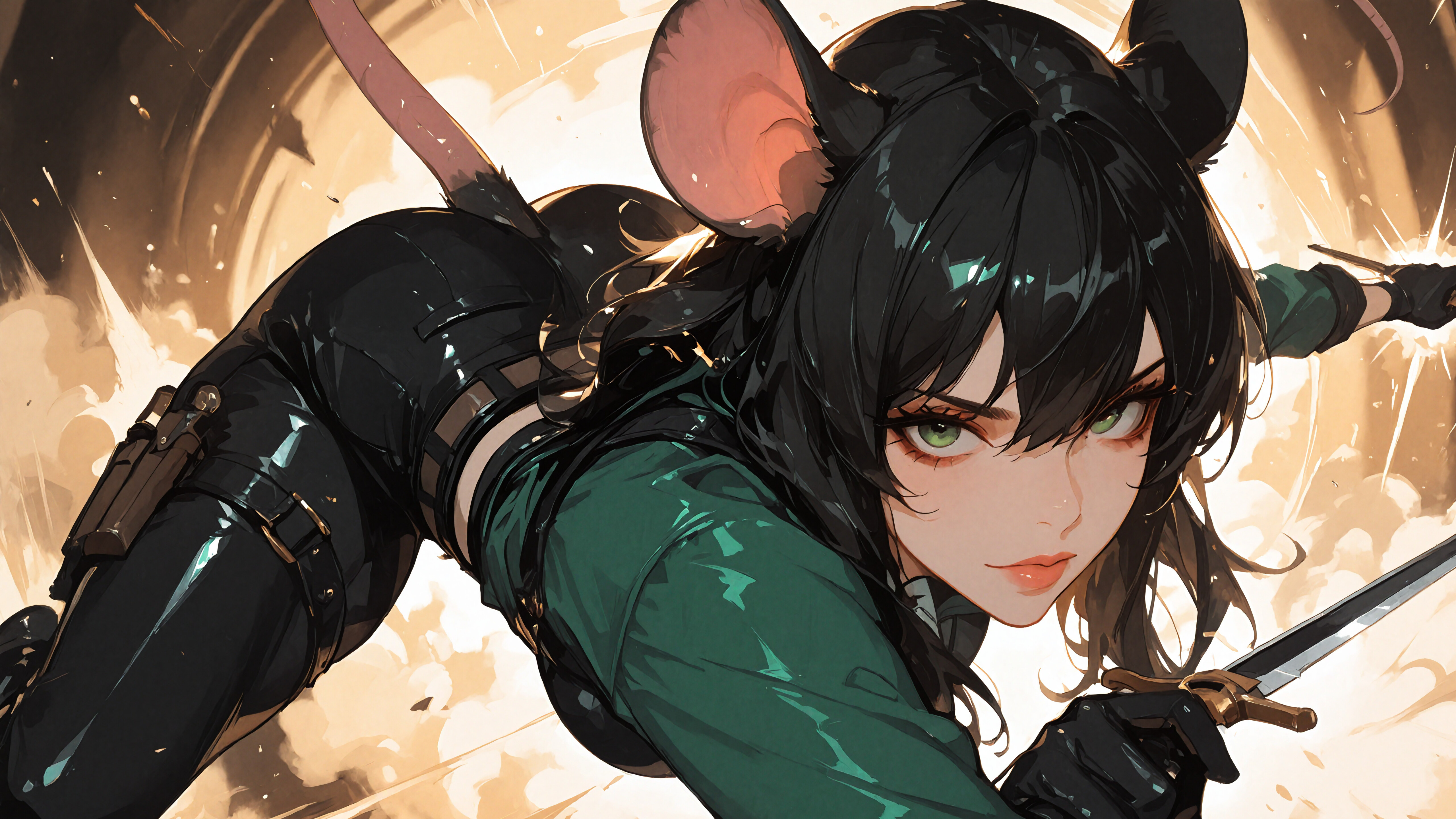 Una protagonista femminile di un anime, con capelli neri, occhi verdi, grandi orecchie da topo e una lunga coda da topo, vestita come un personaggio avventuriero con una camicia verde e pantaloni neri, è sdraiata su un pavimento piastrellato di colore bianco e guarda direttamente l’obiettivo della telecamera.